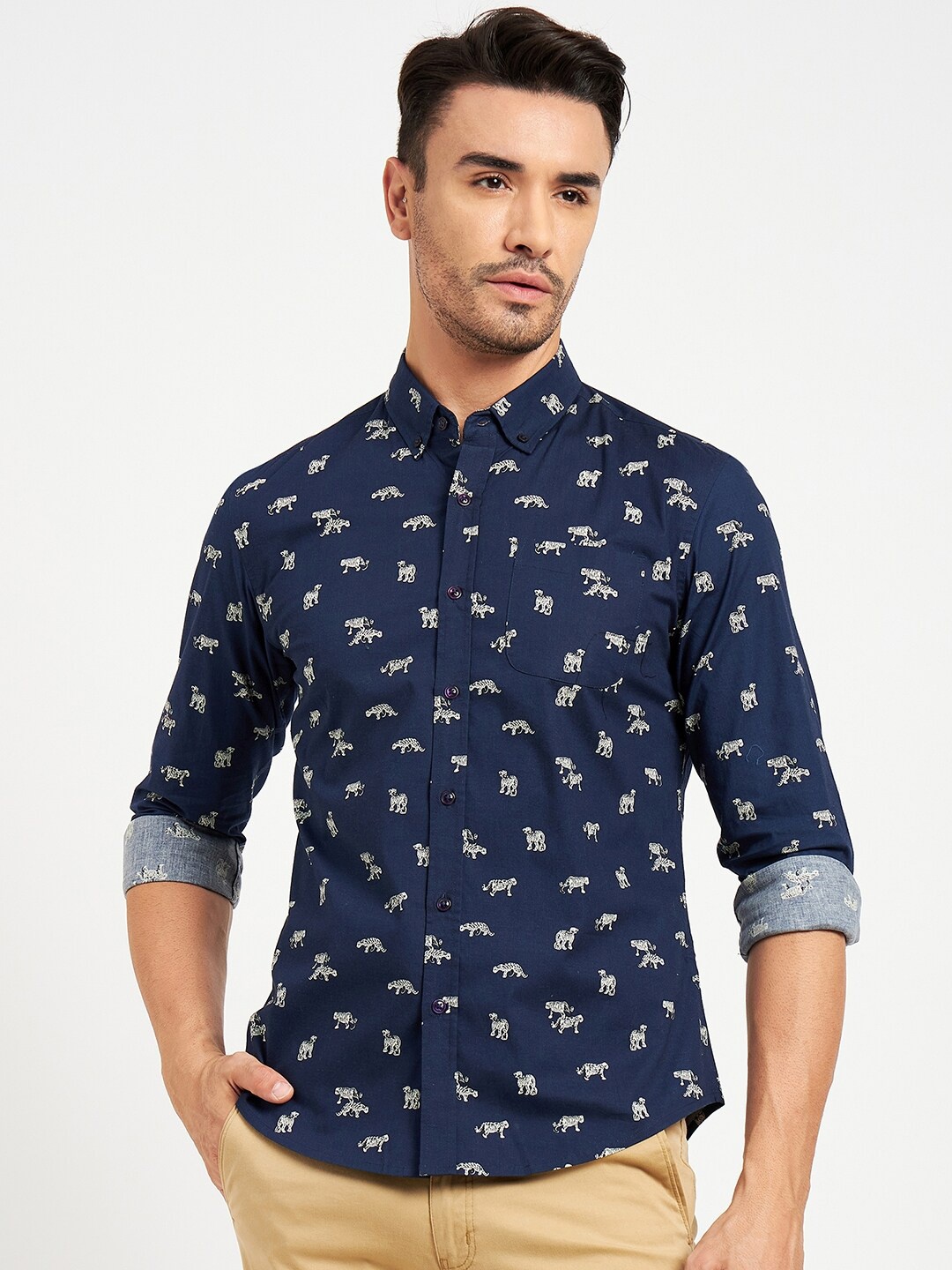 

CAMLA Men Printed Cotton Opaque Casual Shirt, Navy blue