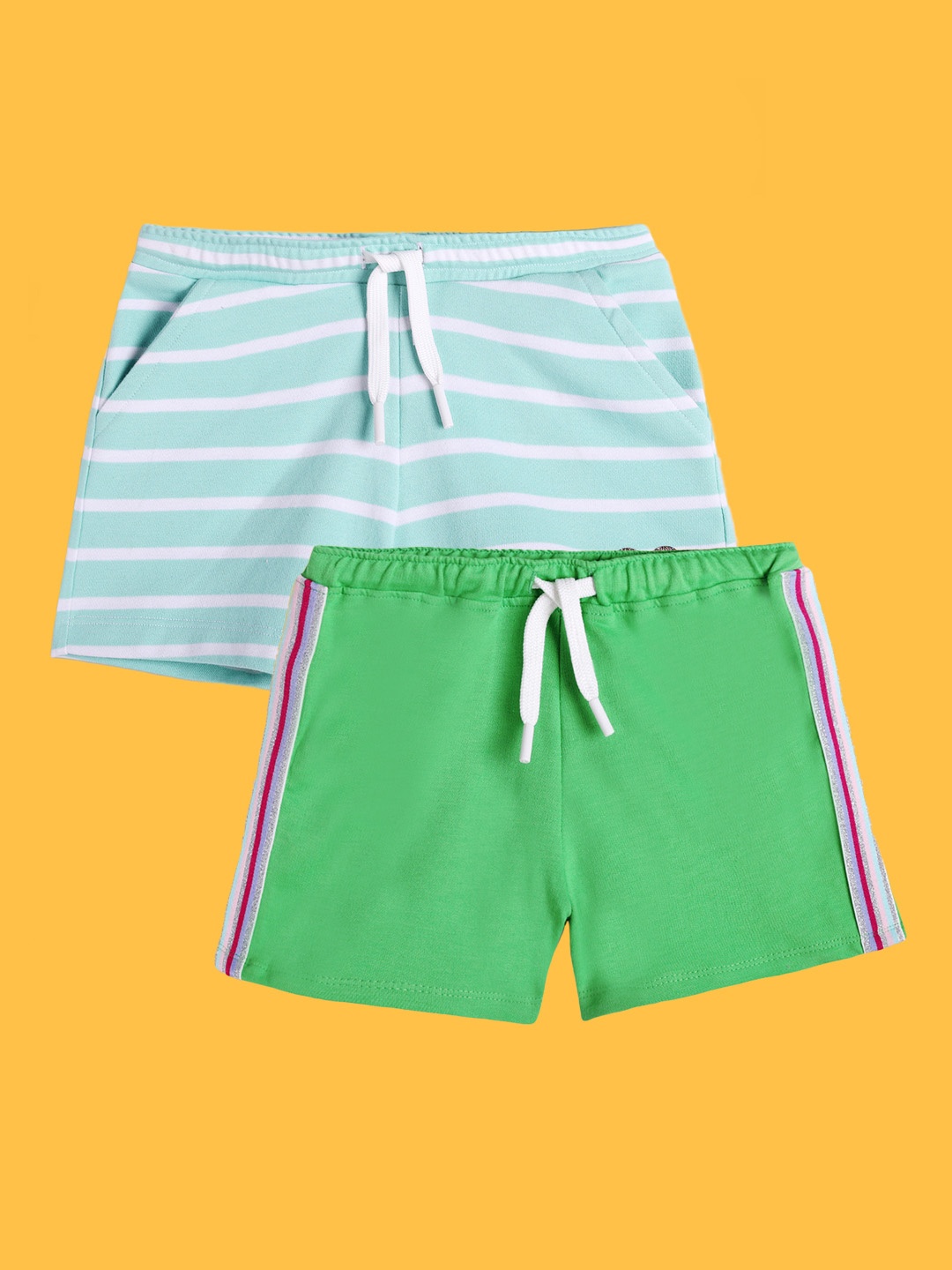 

Anthrilo Girls Pack Of 2 Striped High-Rise Cotton Shorts, Sea green