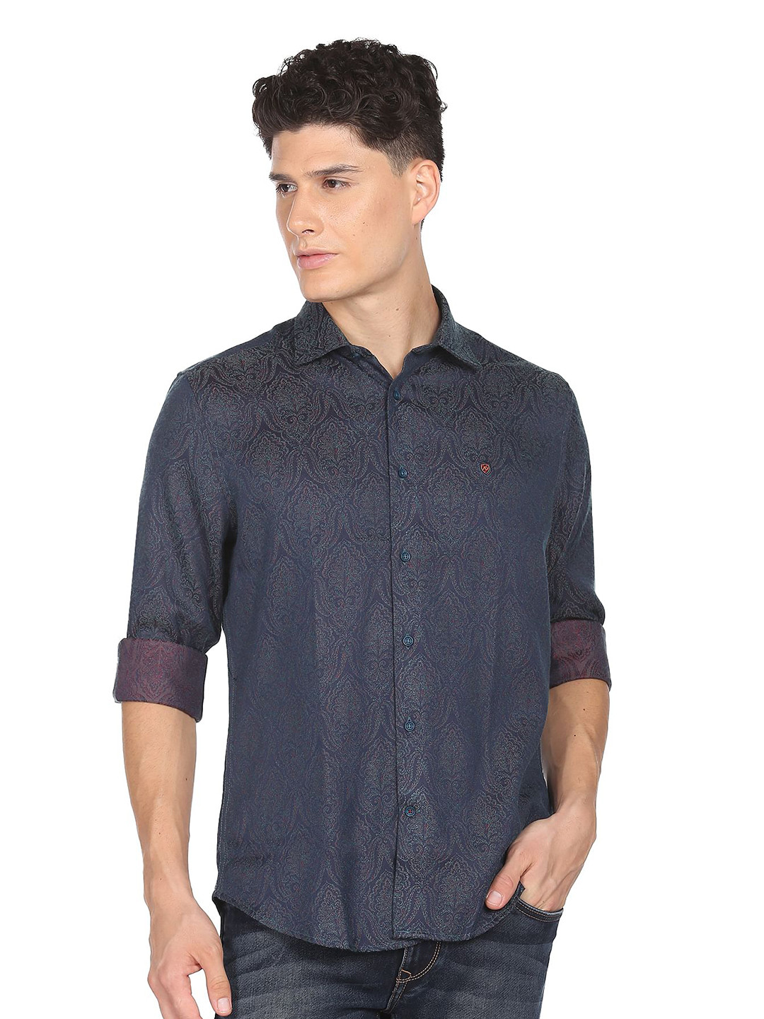 

AD By Arvind Slim Fit Opaque Ethnic Printed Pure Cotton Casual Shirt, Navy blue