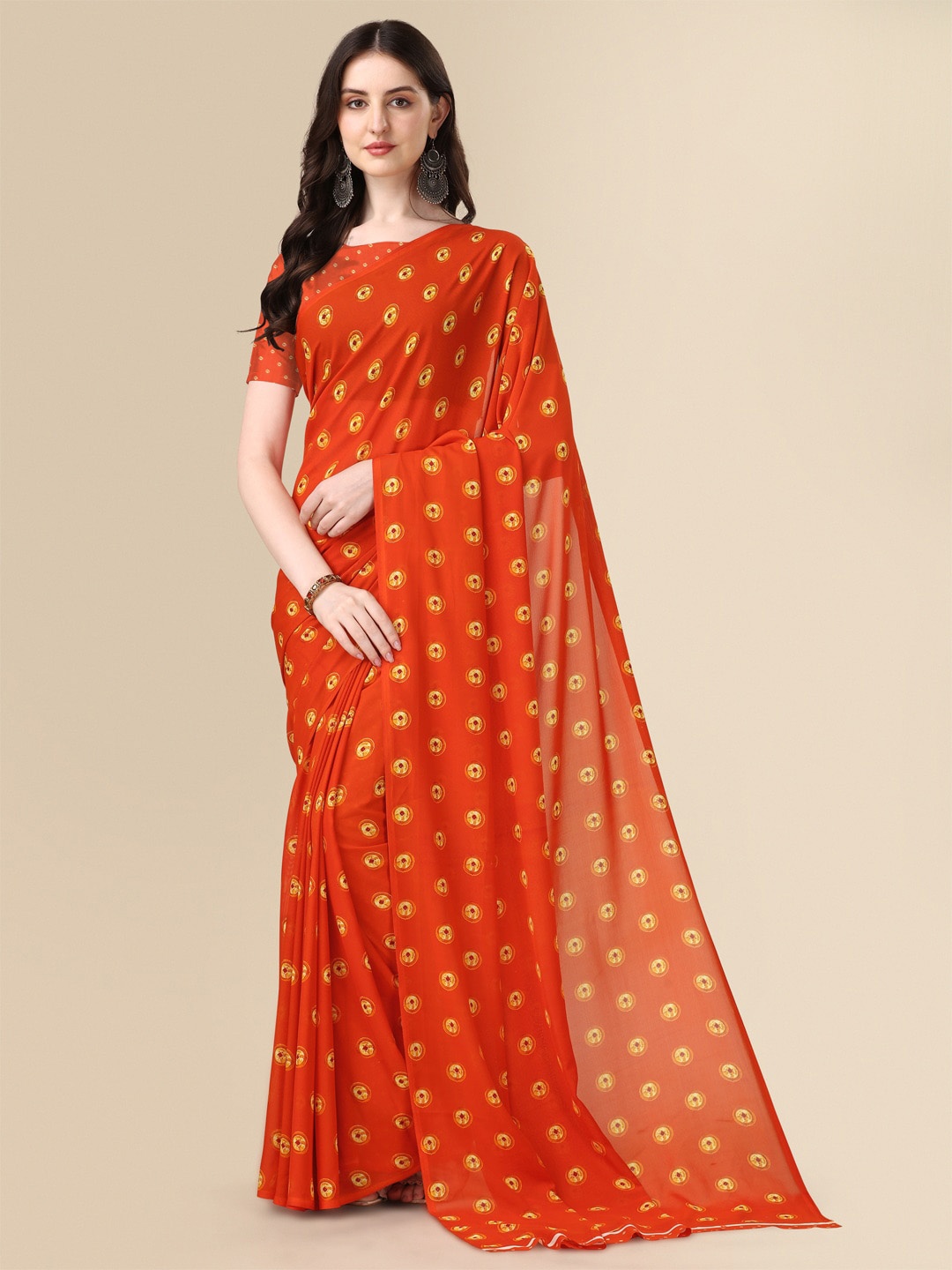 

Sangria Orange Bandhani Sequinned Pure Georgette Saree