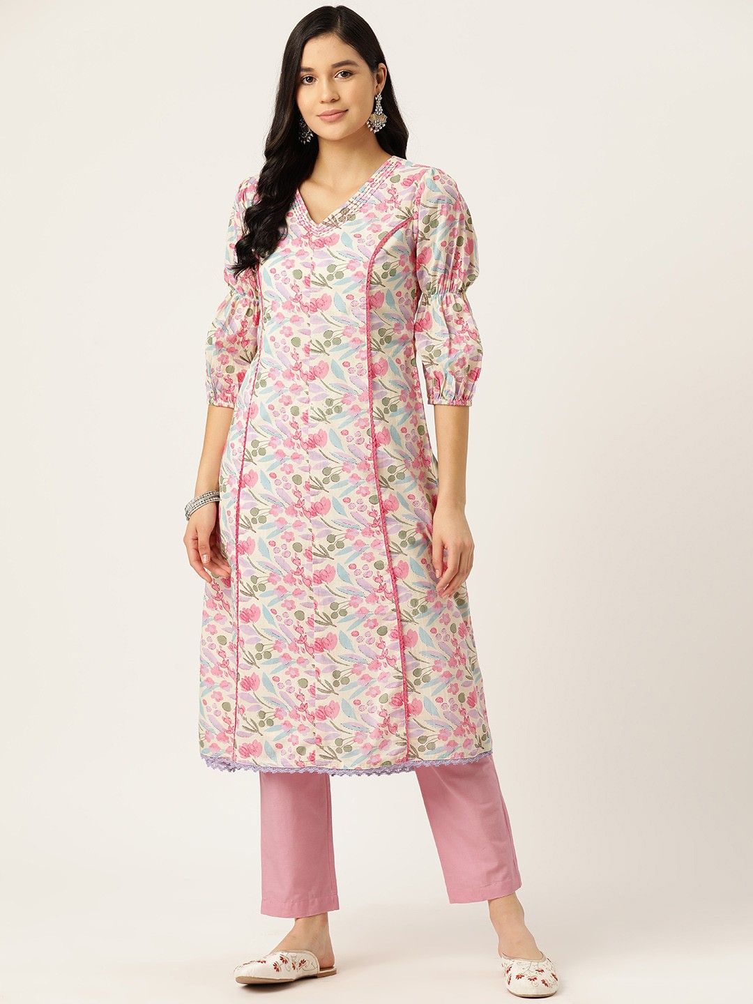 

MISRI Floral Printed Regular Kantha Work Pure Cotton Kurta with Trousers, Pink