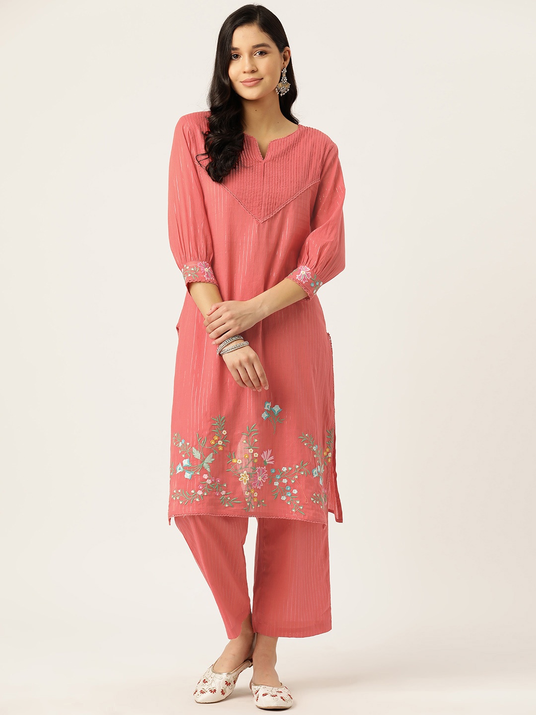 

MISRI Floral Embroidered Regular Thread Work Pure Cotton Kurta with Trousers, Red