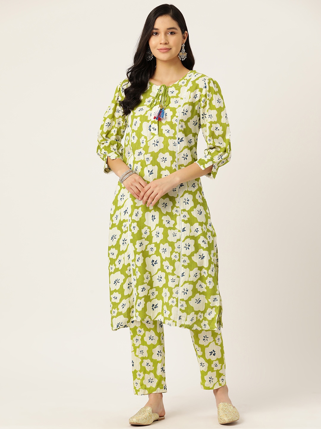 

MISRI Floral Printed Regular Kurta with Trousers, Green