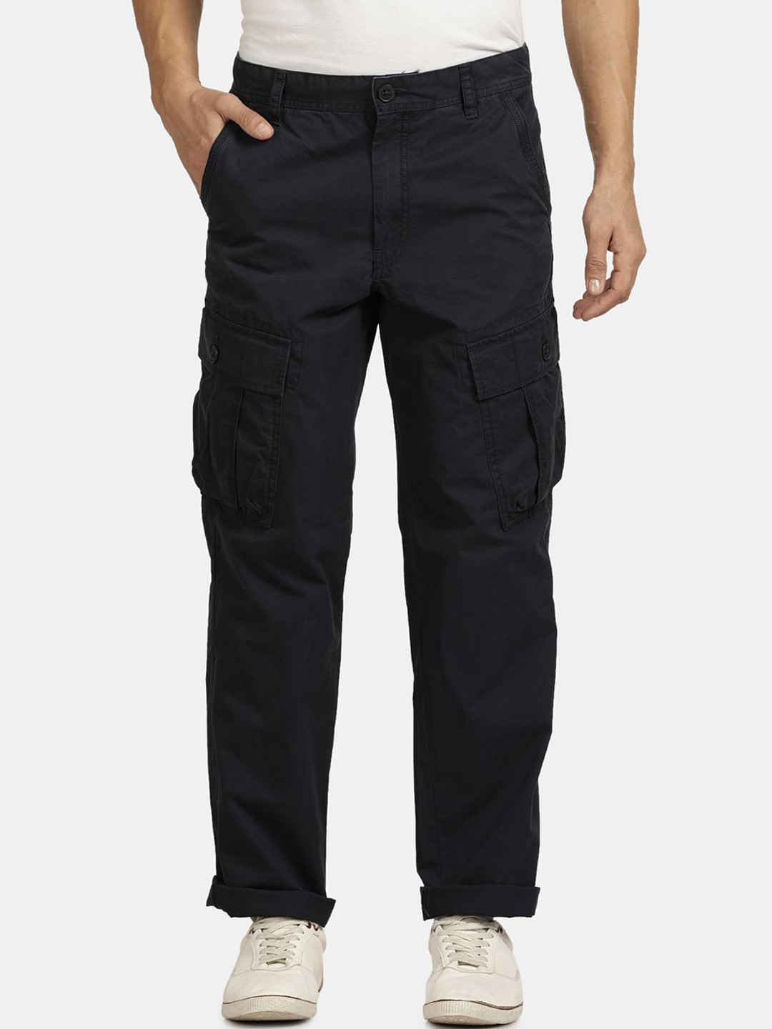 

t-base Men Mid-Rise Regular Fit Pure Cotton Cargos, Navy blue