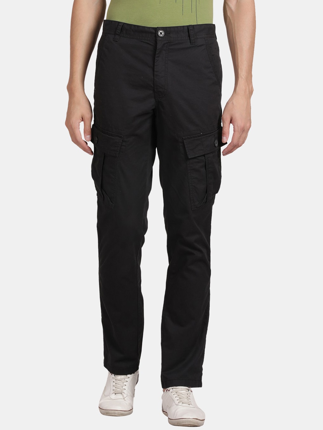 

t-base Men Mid Rise Pure Cotton Cargos Trousers, Black