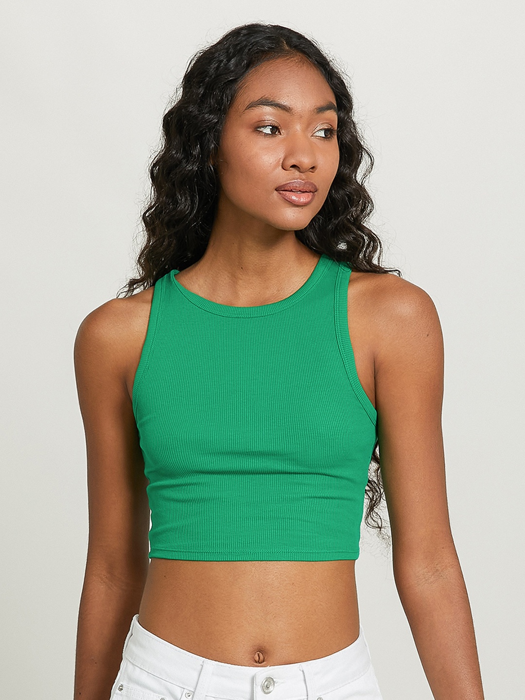 

ALCOTT Ribbed Detail Fitted Sleeveless Crop Top, Green