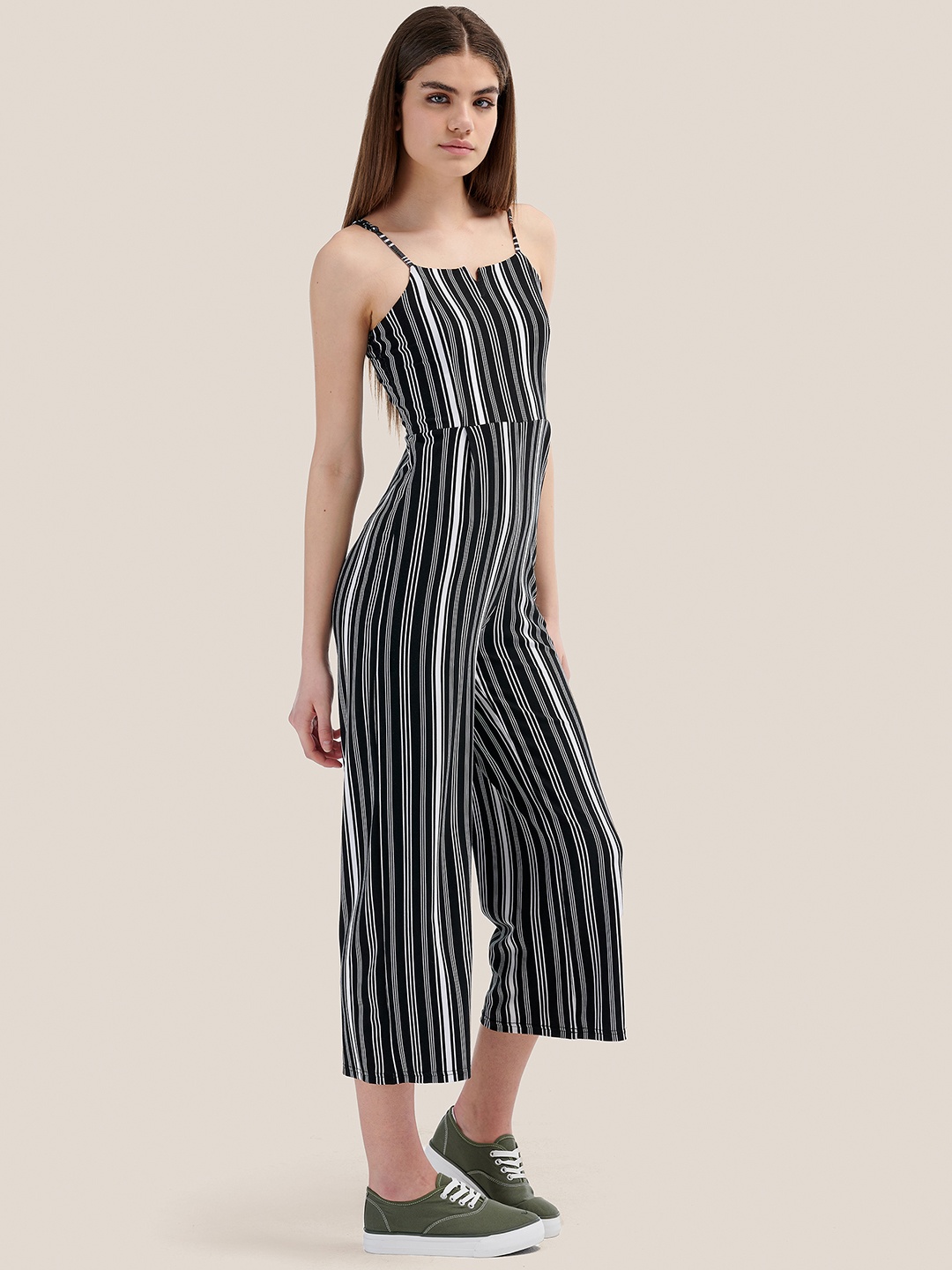 

ALCOTT Striped Shoulder Straps Basic Jumpsuit, Black