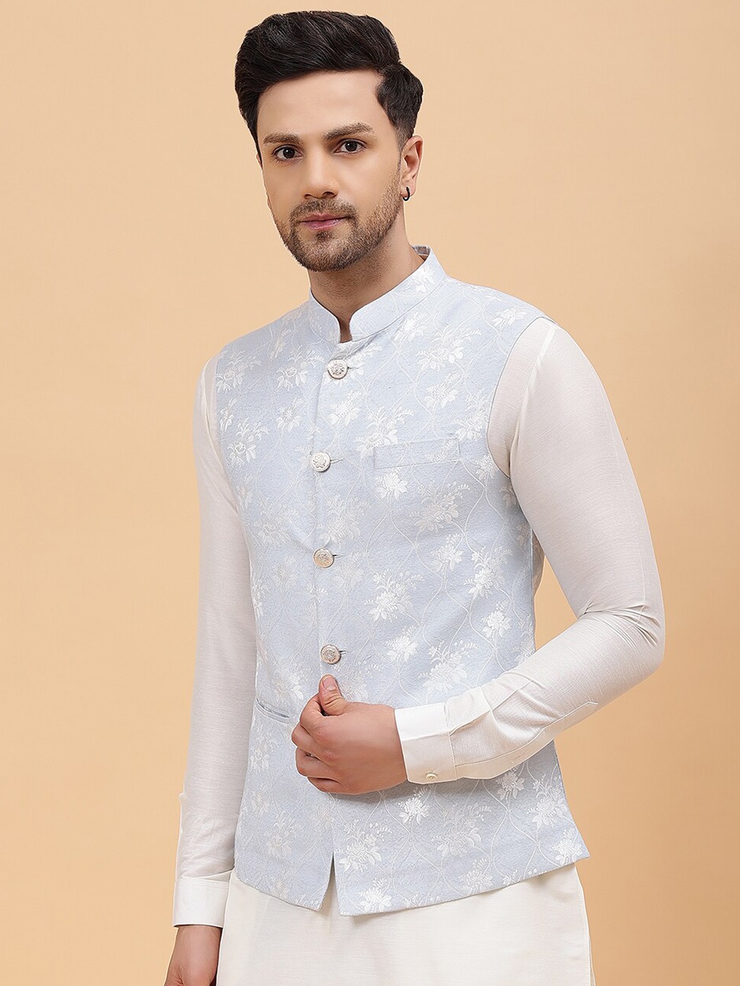 

See Designs Regular Cotton Silk Kurta with Pyjamas & Nehru jacket, Blue