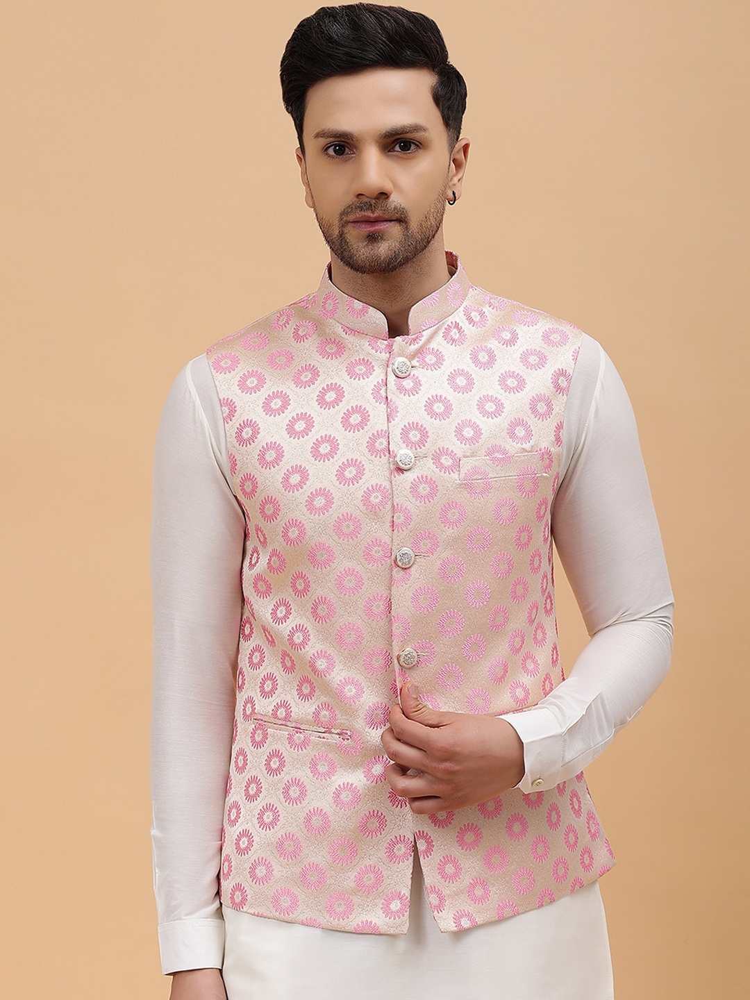 

See Designs Regular Cotton Silk Kurta with Pyjamas & Nehru jacket, Pink