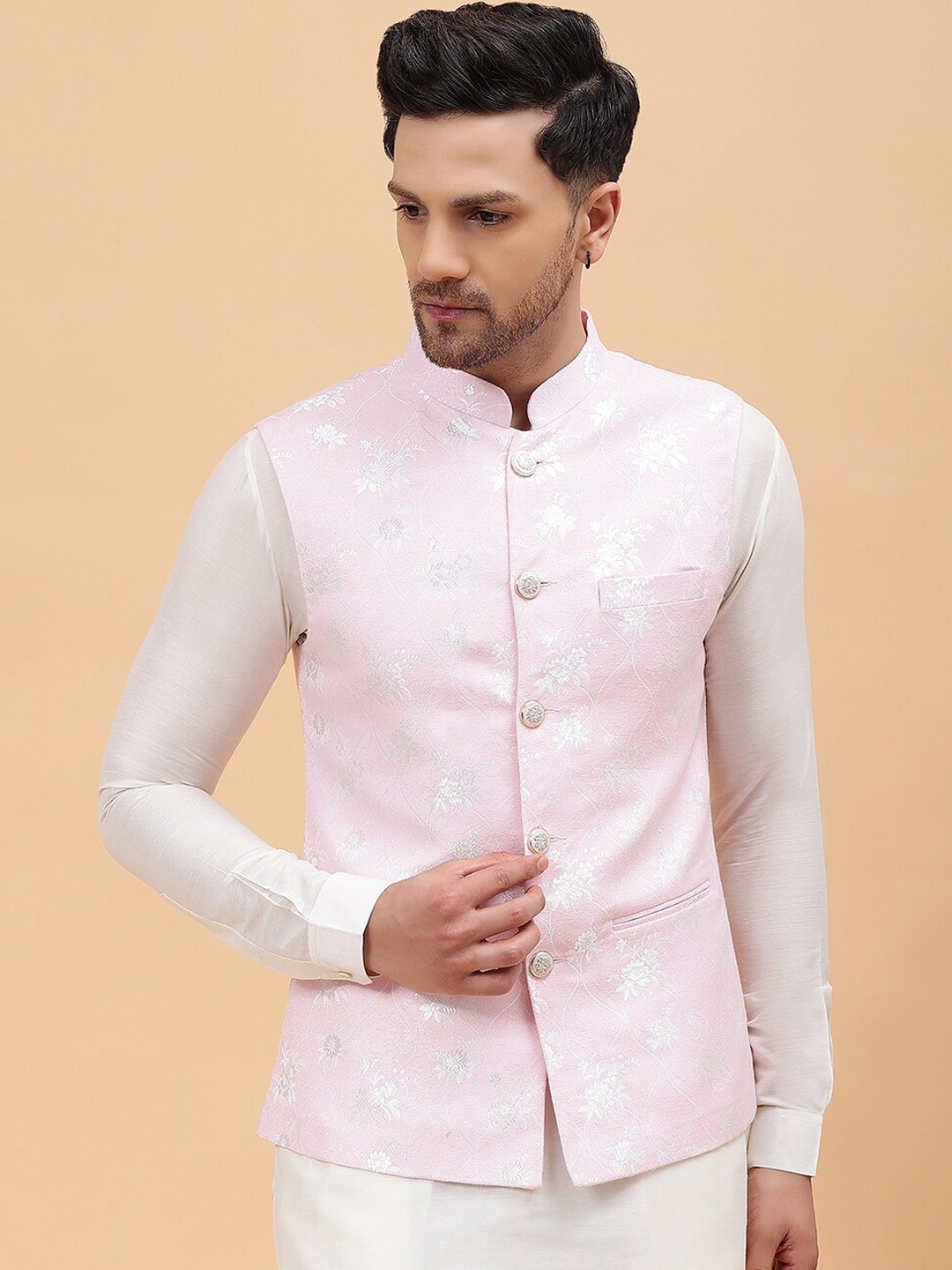 

See Designs Mandarin Collar Pure Silk Kurta & Pyjamas With Nehru jacket, Pink