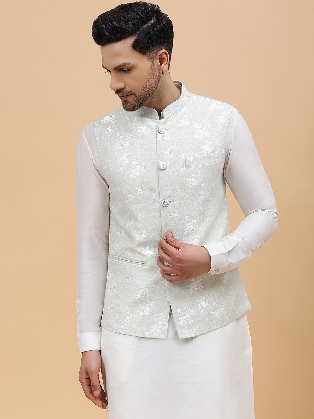 

See Designs Regular Cotton Silk Kurta with Pyjamas & Nehru jacket, Green