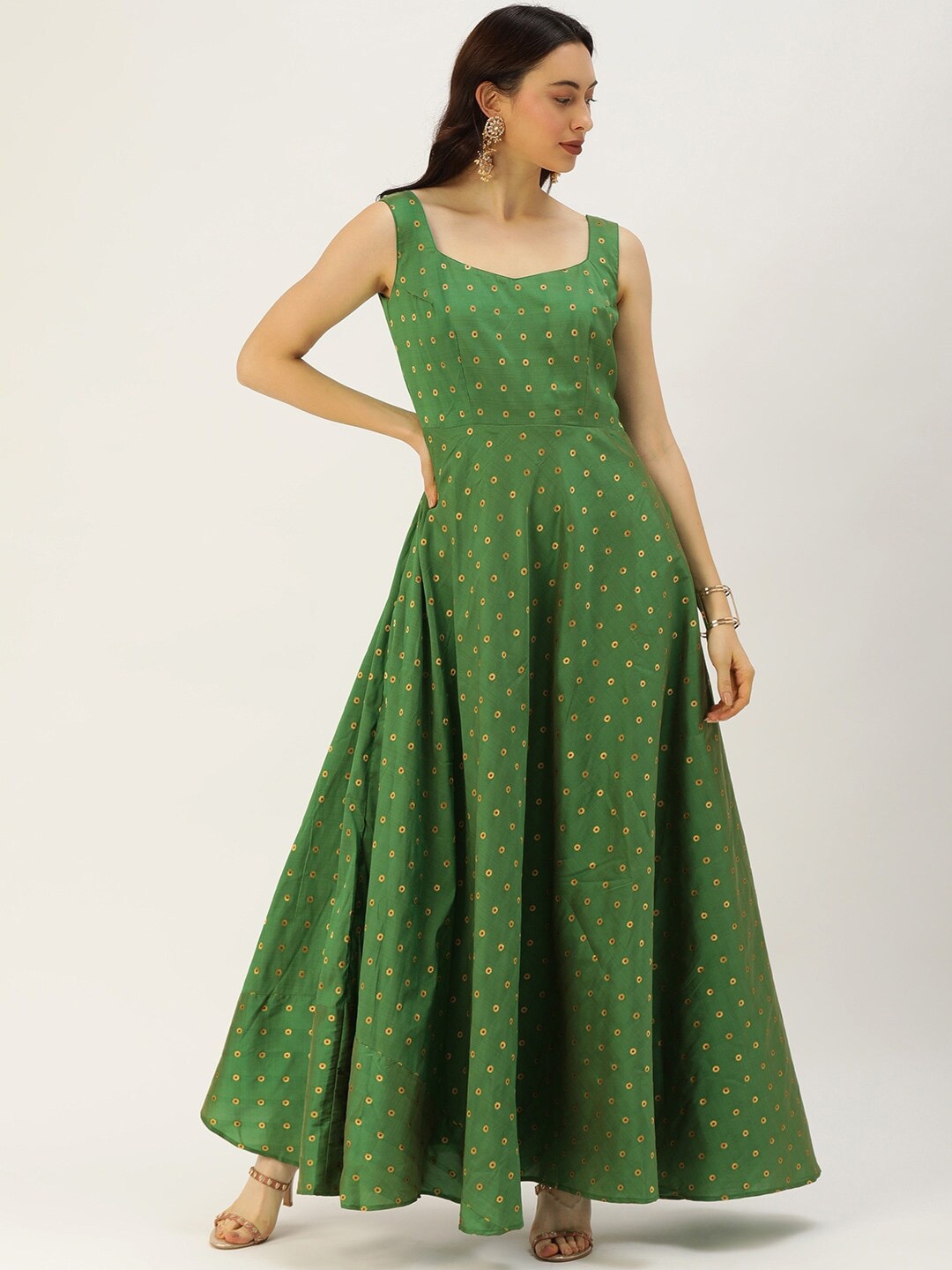 

Ethnovog Brocade Sleeveless Silk Maxi Ethnic Dress, Green
