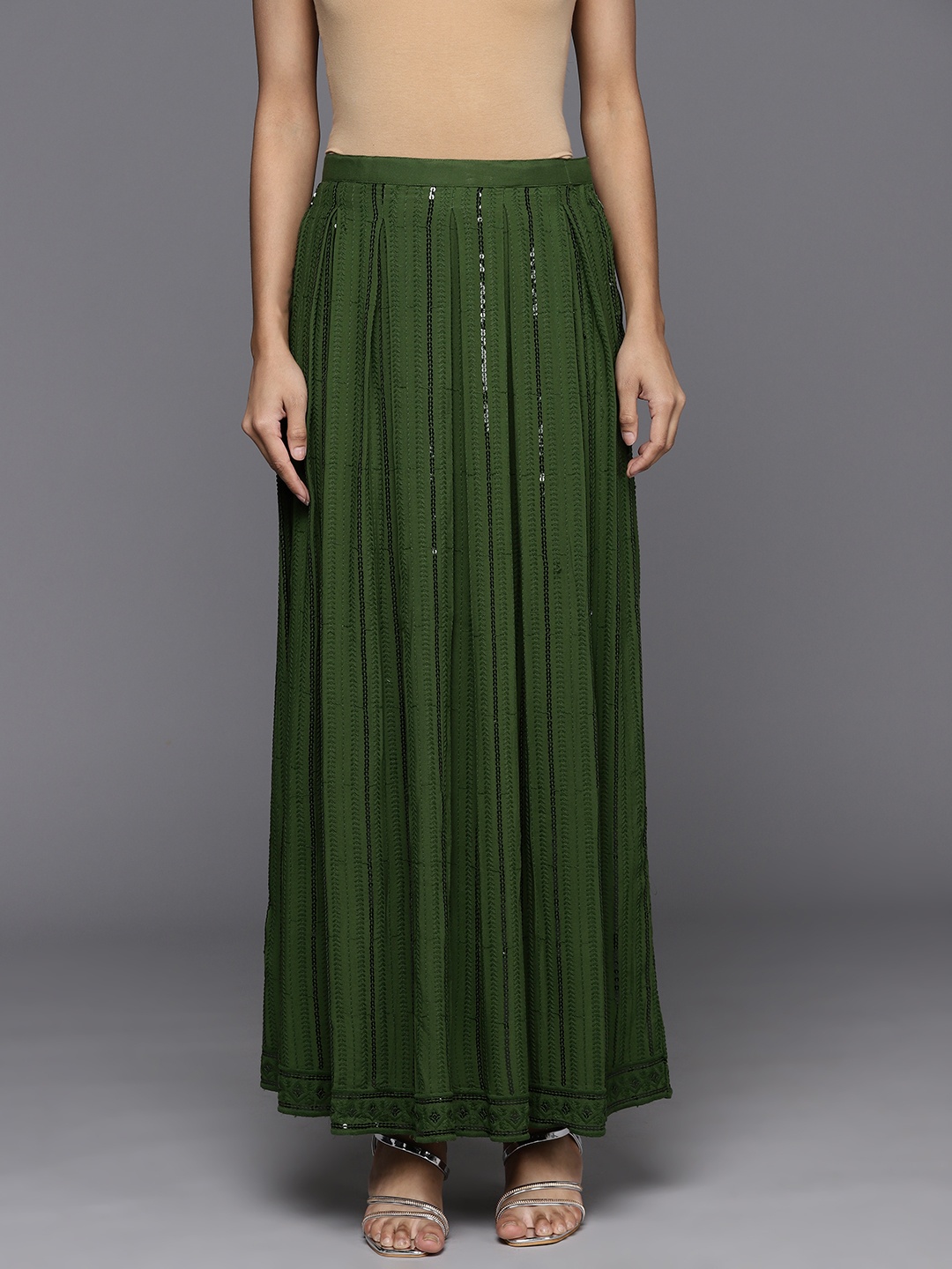 

Libas Embellished Embroidered Flared Maxi Skirt, Green