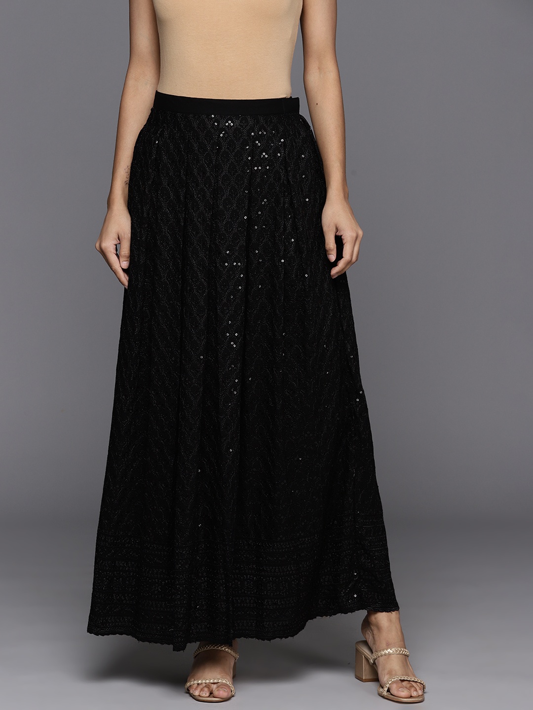 

Libas Embellished Embroidered Flared Maxi Skirt, Black