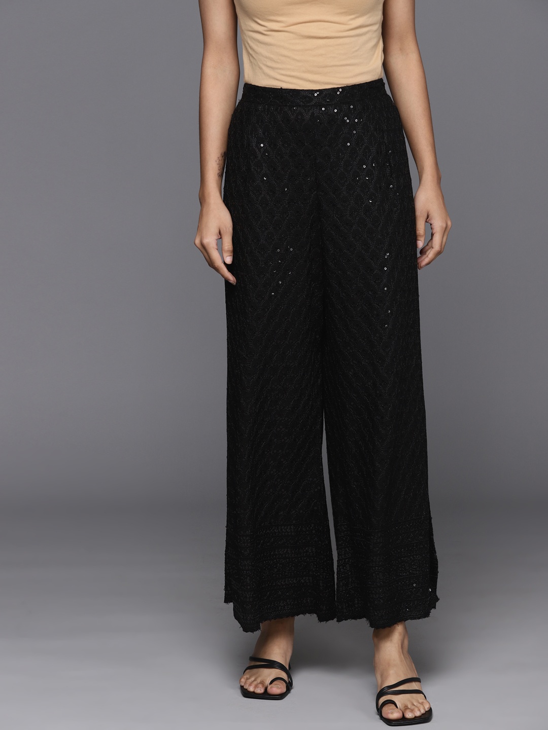 

Libas Ethnic Motifs Embroidered Embellished Flared Ethnic Palazzos, Black