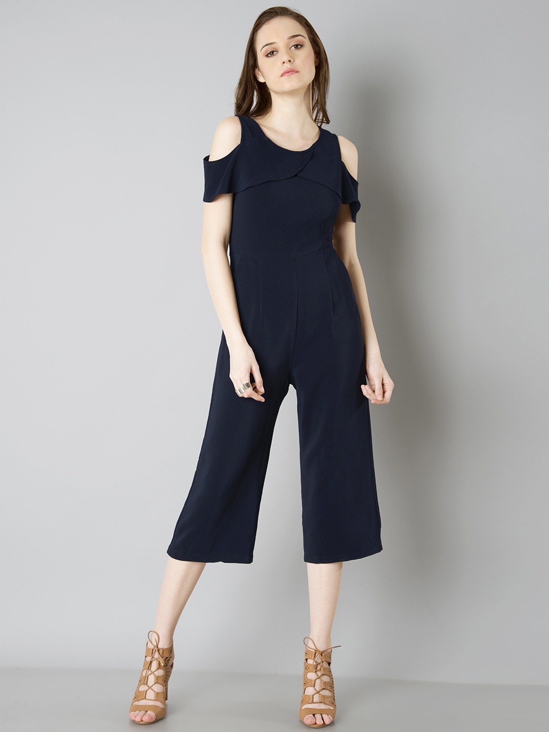 

FabAlley Navy Blue Solid Culotte Jumpsuit