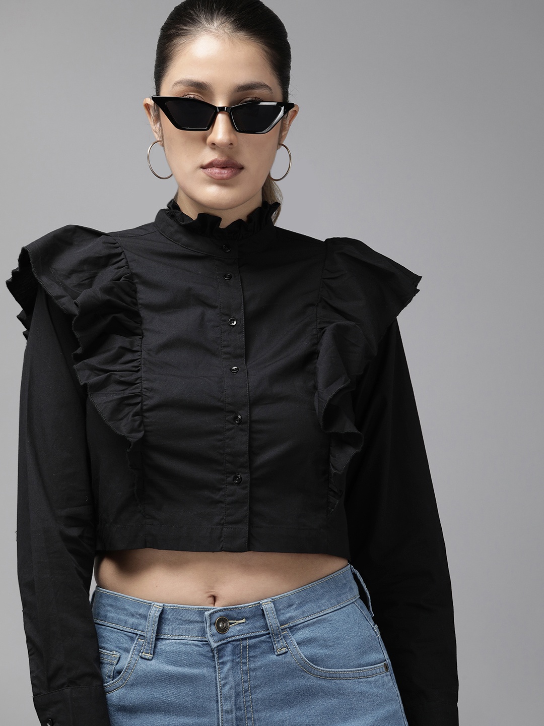 

The Roadster Life Co. Slim Fit Ruffles Pure Cotton Casual Crop Shirt, Black