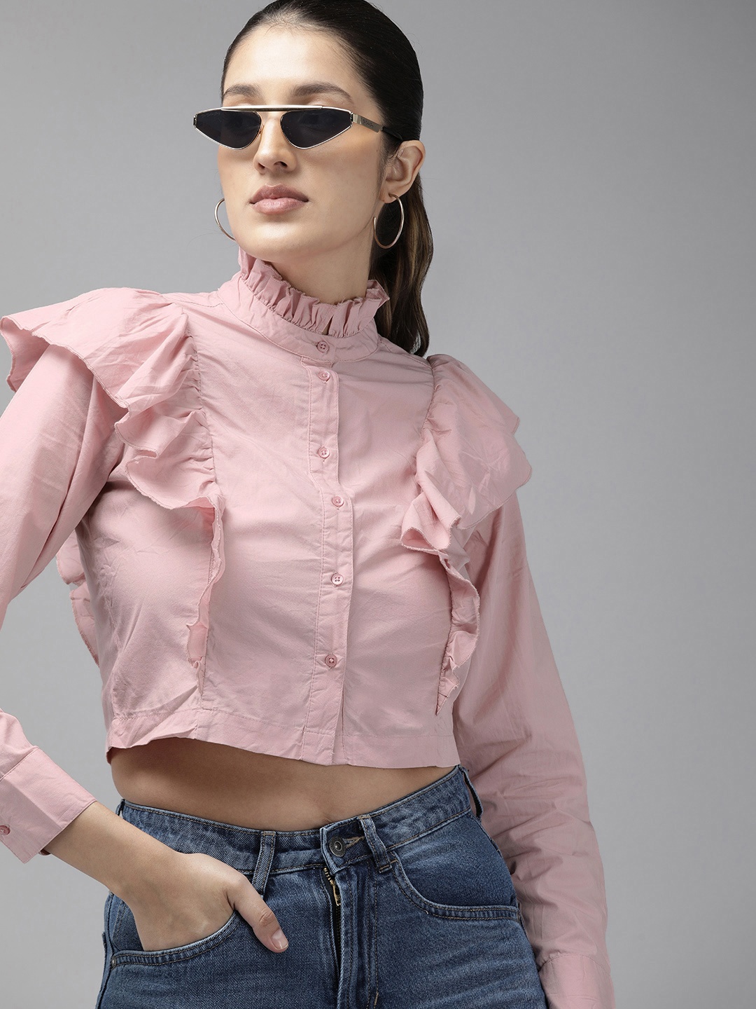 

The Roadster Life Co. Slim Fit Ruffles Pure Cotton Casual Crop Shirt, Pink