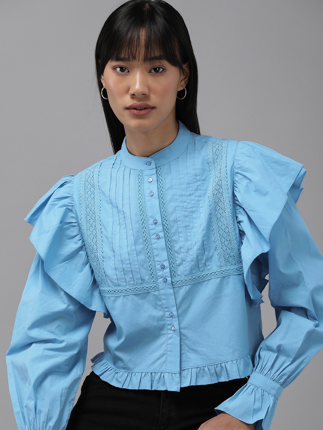 

The Roadster Life Co. Lace Detail Pure Cotton Casual Shirt, Blue