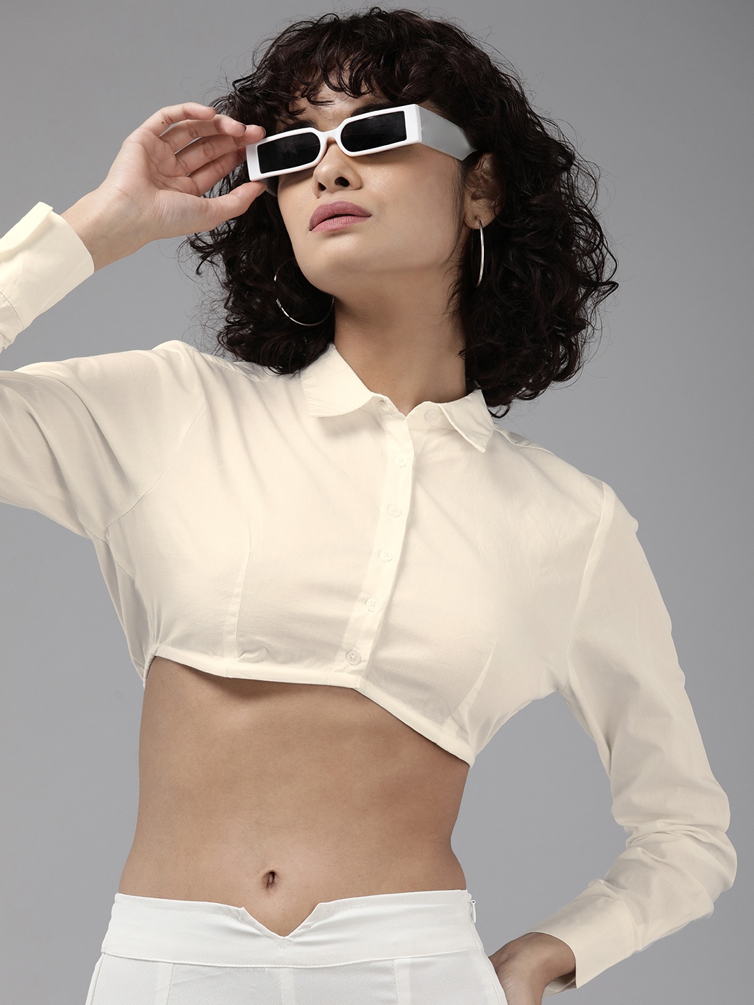 

The Roadster Life Co. Solid Spread Collar Pure Cotton Crop Casual Shirt, White