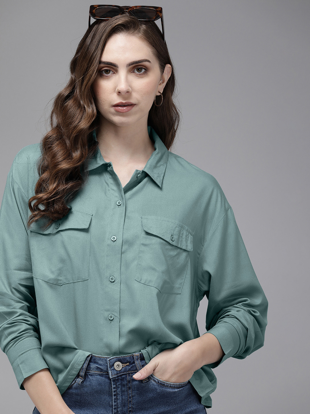 

The Roadster Life Co. Oversized Double Pocket Casual Shirt, Green