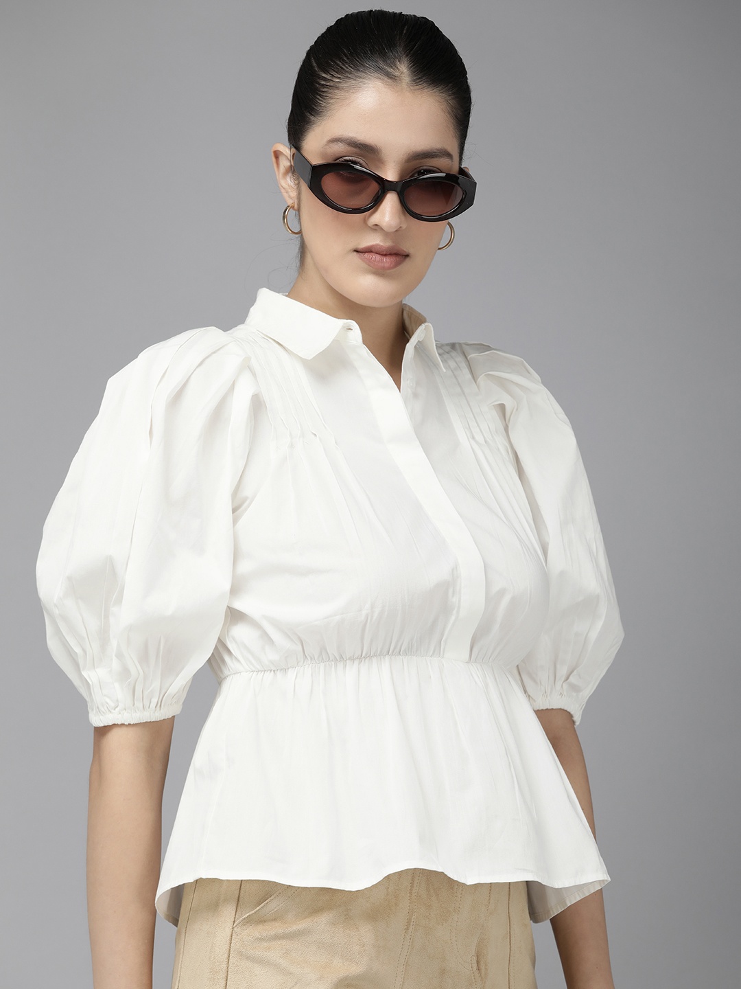 

The Roadster Life Co. Pure Cotton Puff Sleeves Peplum Top, Off white