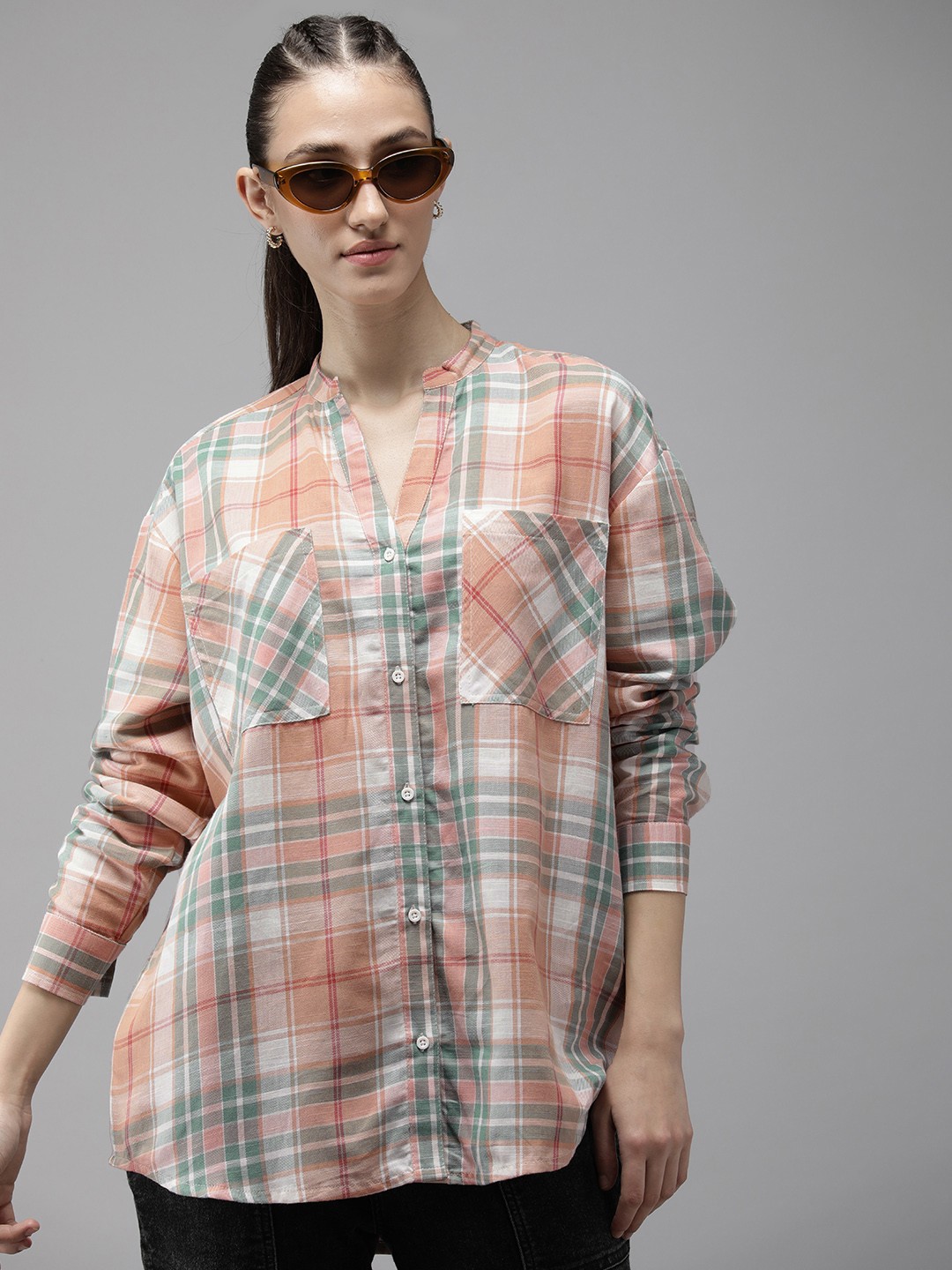 

The Roadster Life Co. Pure Cotton Checked Casual Oversize Shirt, White