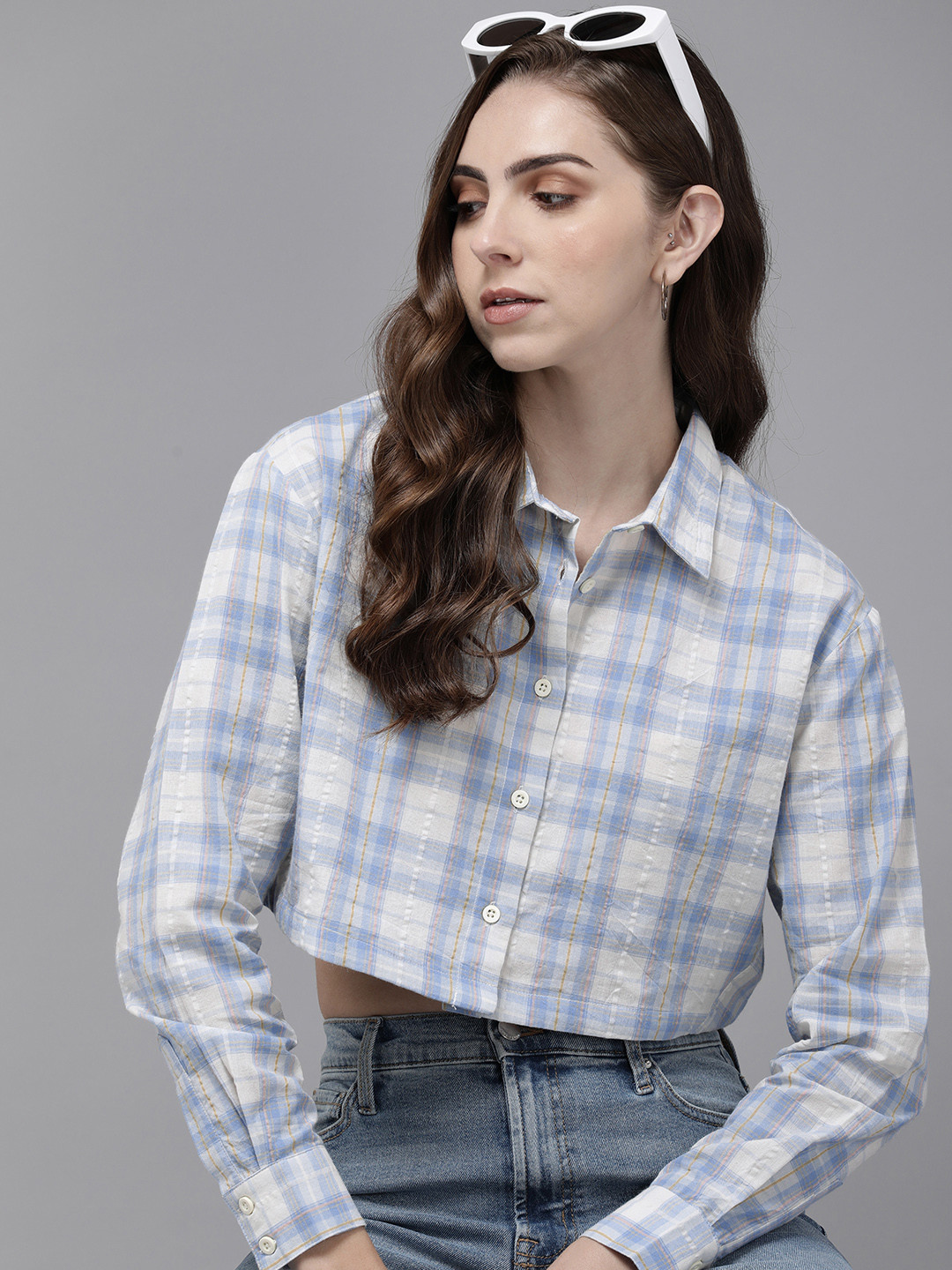 

The Roadster Life Co. Pure Cotton Checked Casual Crop Shirt, Blue