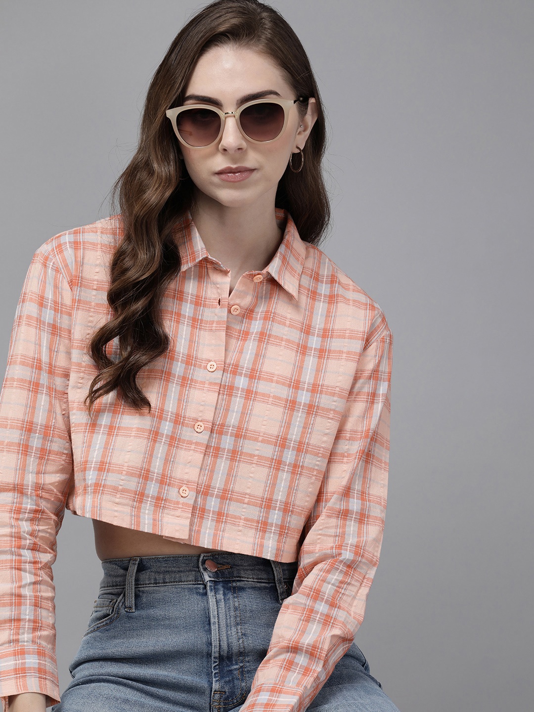 

The Roadster Life Co. Pure Cotton Checked Casual Crop Shirt, Orange