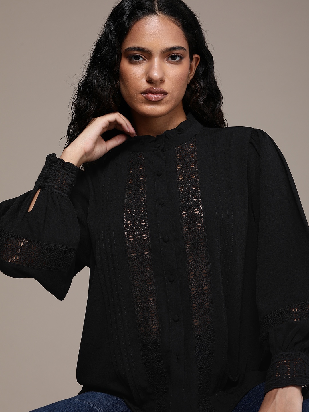 

The Roadster Lifestyle Co. Women Lace Inserts Ruffles Casual Shirt, Black