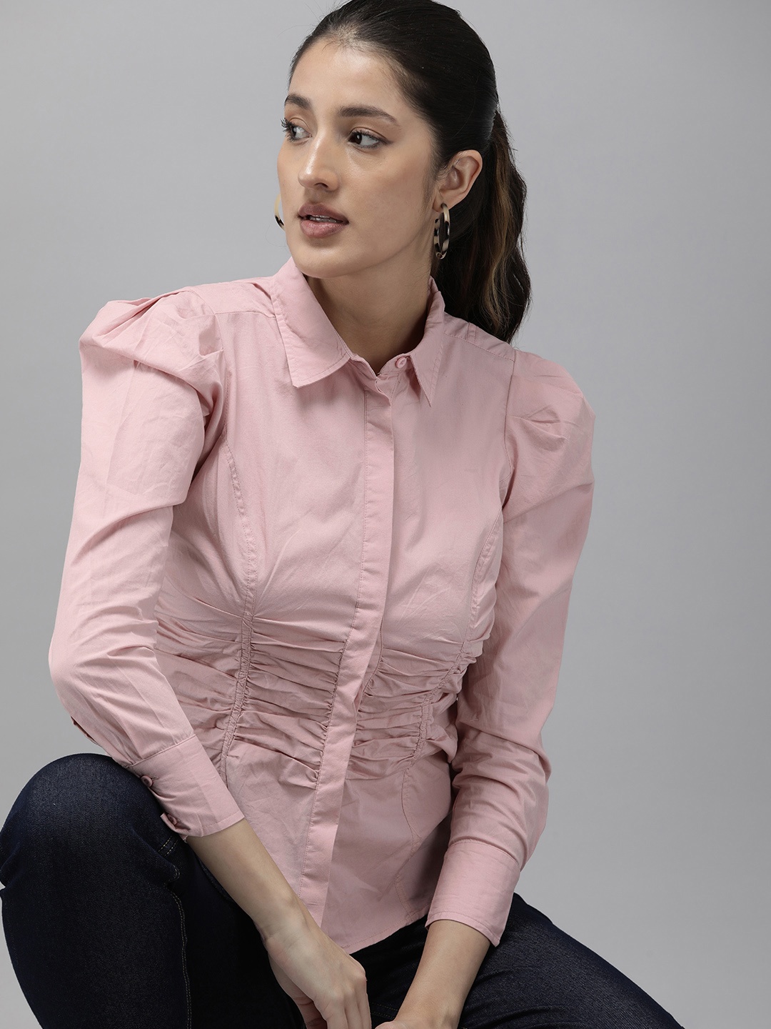 

The Roadster Life Co. Pure Cotton Solid Ruched Detail Casual Shirt, Pink