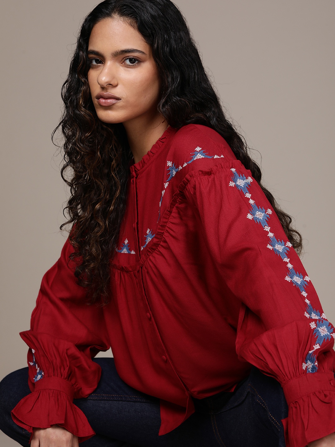 

The Roadster Lifestyle Co. Women Embroidered Ruffles Casual Shirt, Red
