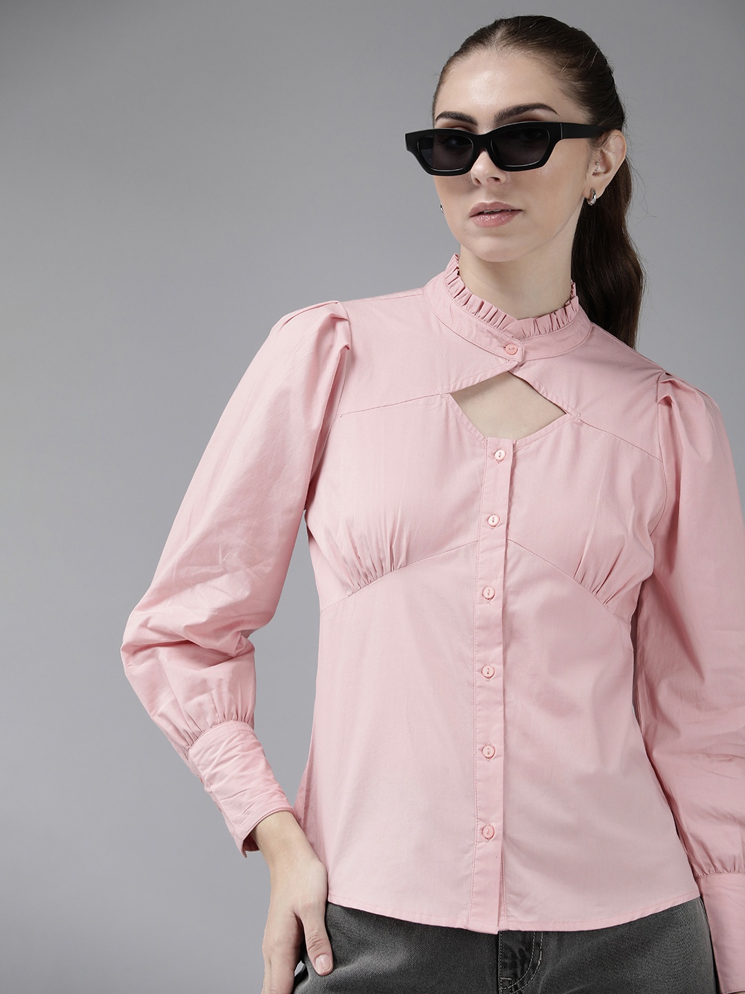 

Roadster Women Solid Opaque Pure Cotton Casual Shirt With Cut-Out & Pleated Detail, Pink