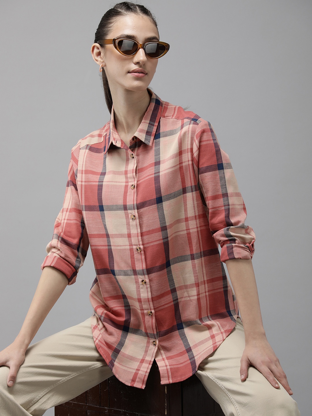 

The Roadster Life Co. Pure Cotton Checked Casual Oversize Shirt, Red
