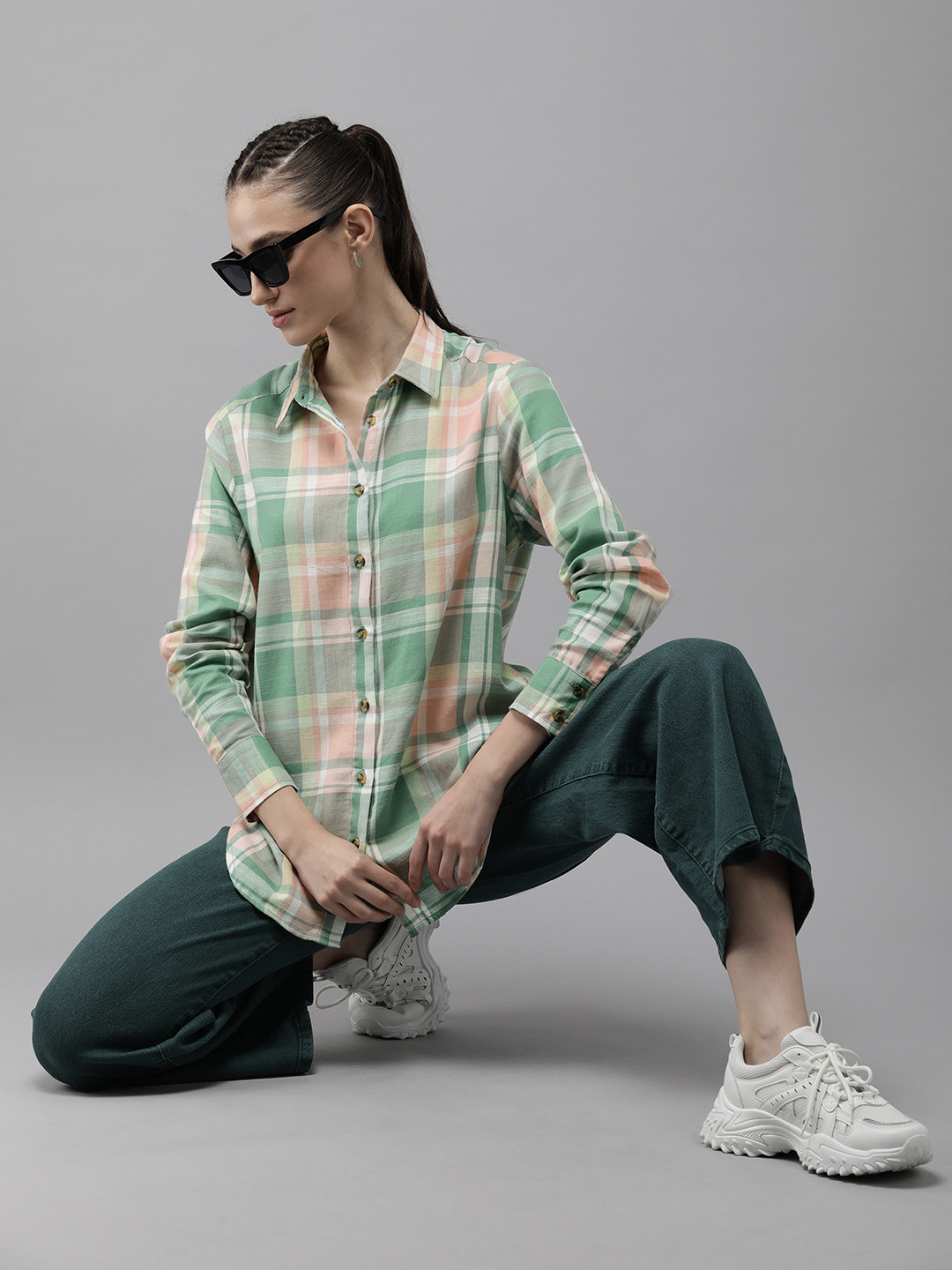 

The Roadster Life Co. Pure Cotton Checked Casual Oversize Shirt, Sea green
