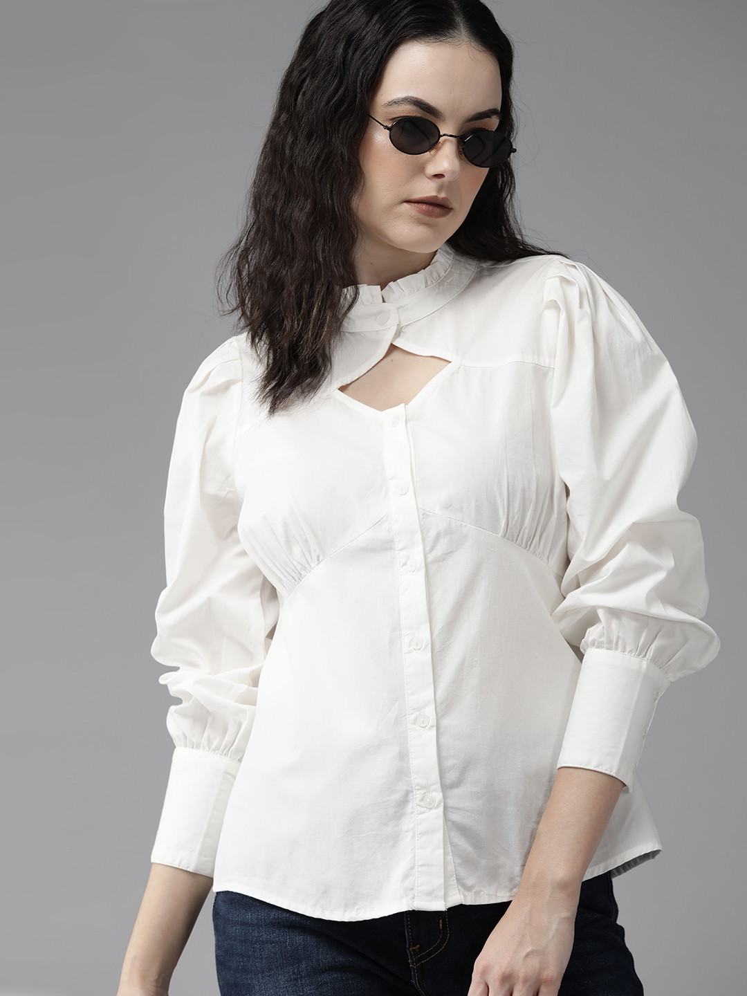 

The Roadster Lifestyle Co. Cut-Outs Ruffled Pure Cotton Casual Shirt, White
