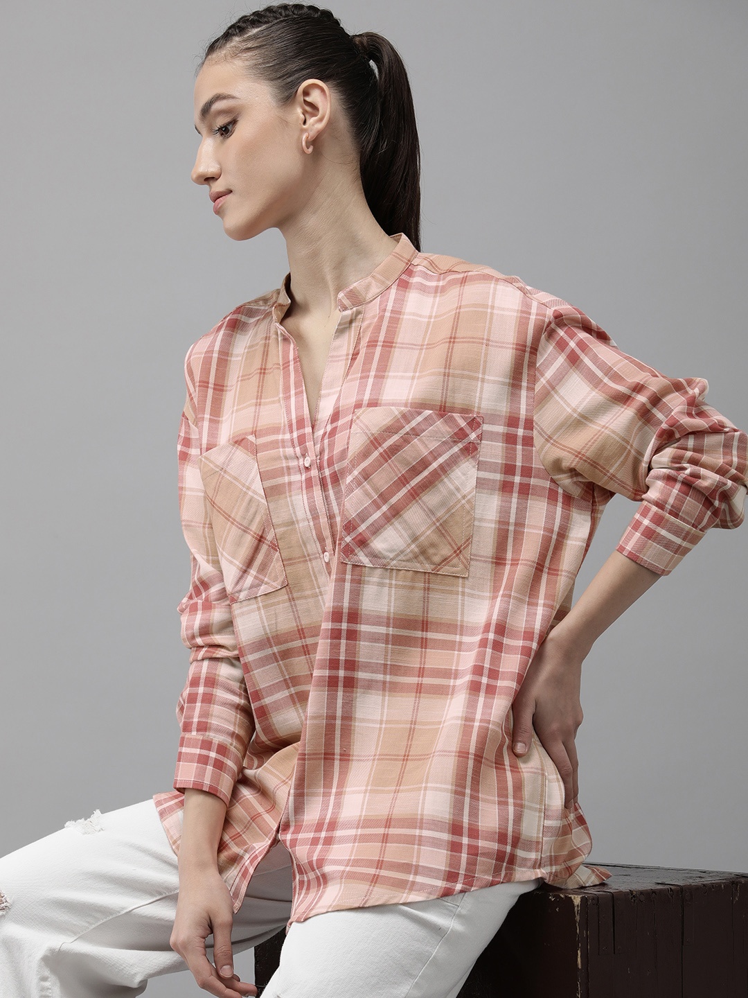

The Roadster Life Co. Pure Cotton Checked Casual Oversize Shirt, White