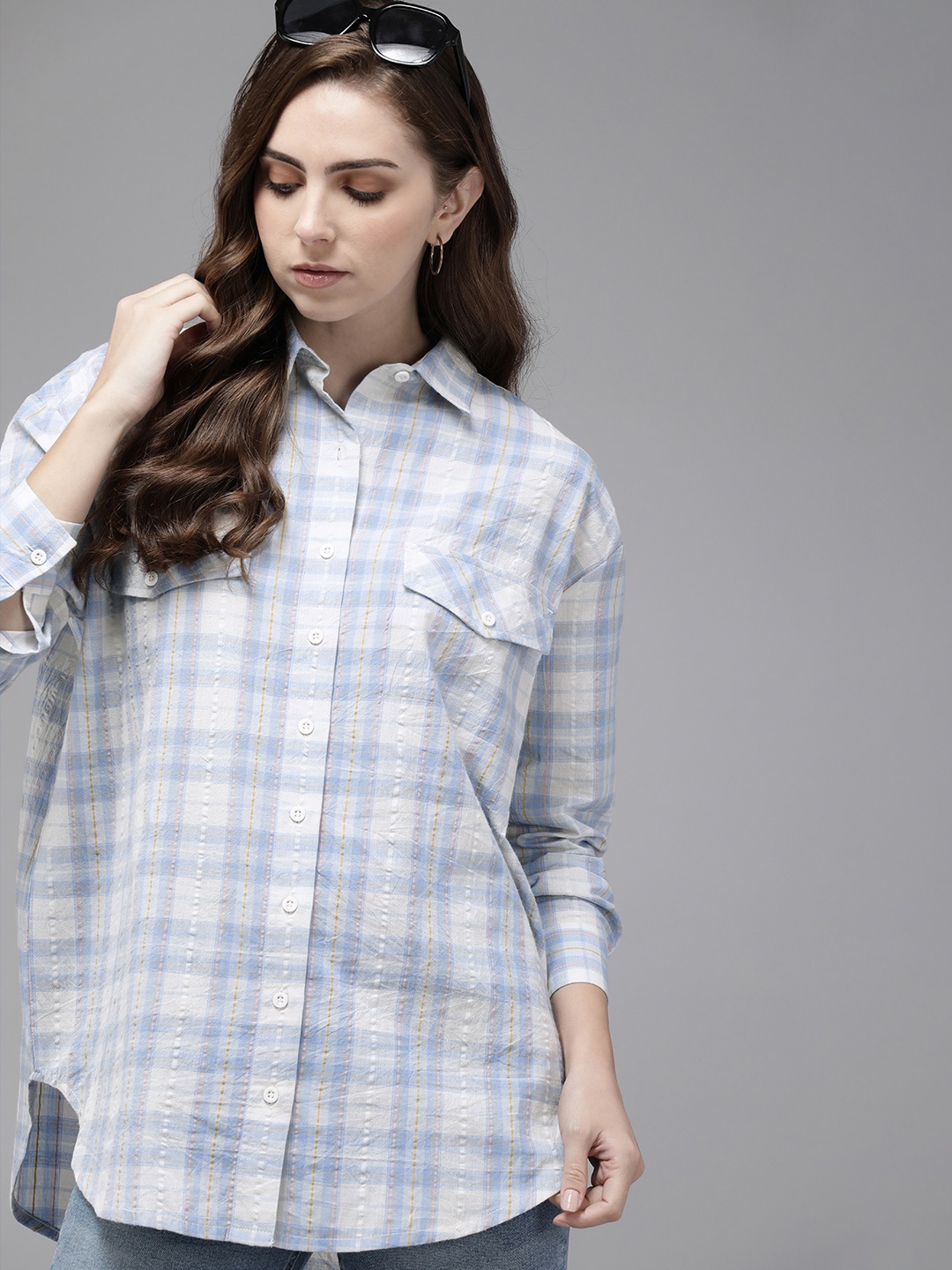 

The Roadster Life Co. Pure Cotton Checked Longline Casual Shirt, Blue