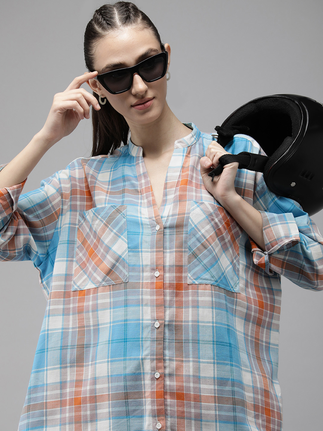 

The Roadster Life Co. Pure Cotton Checked Casual Oversize Shirt, White