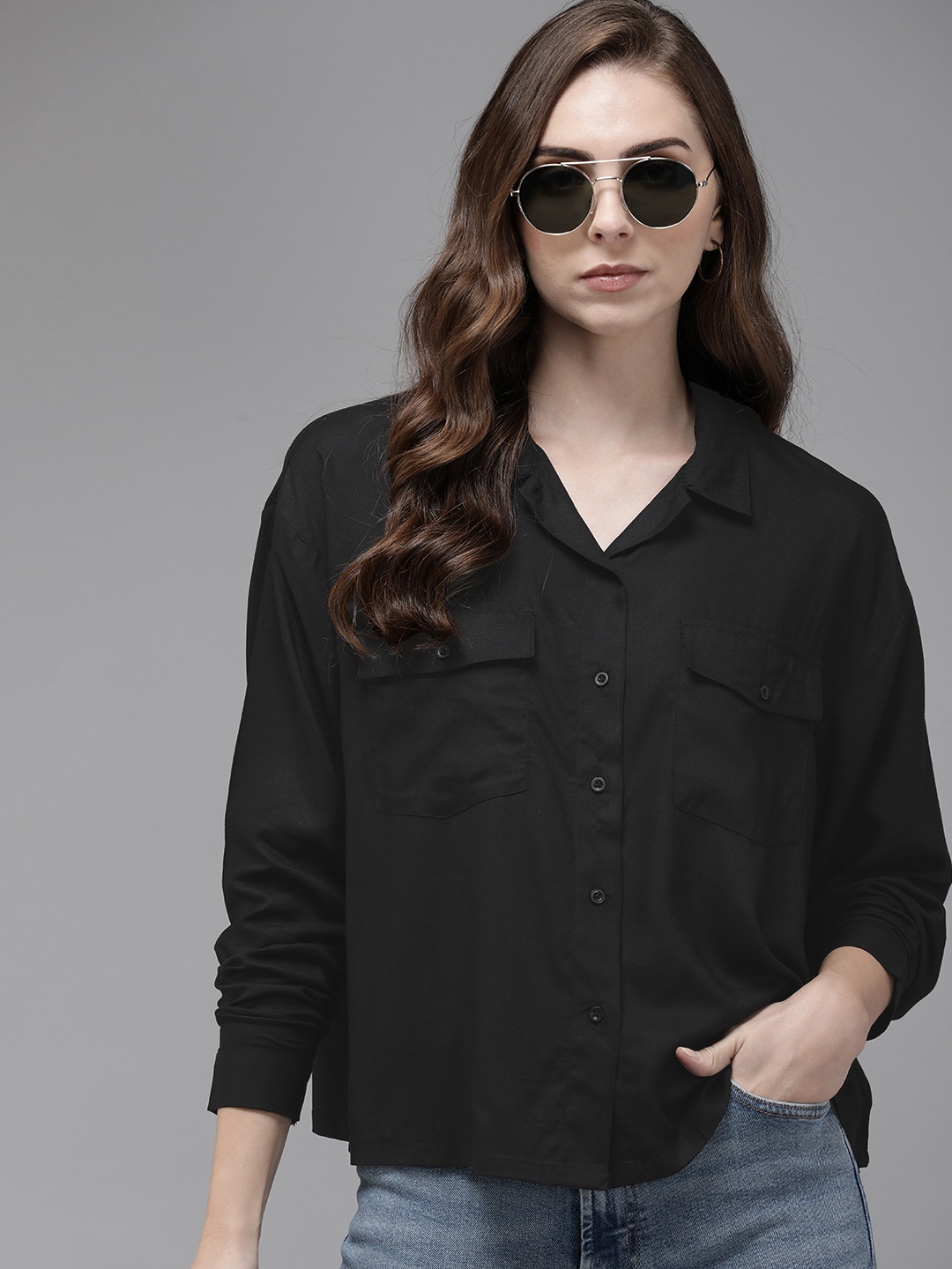 

The Roadster Life Co. Oversized Double Pocket Casual Shirt, Black