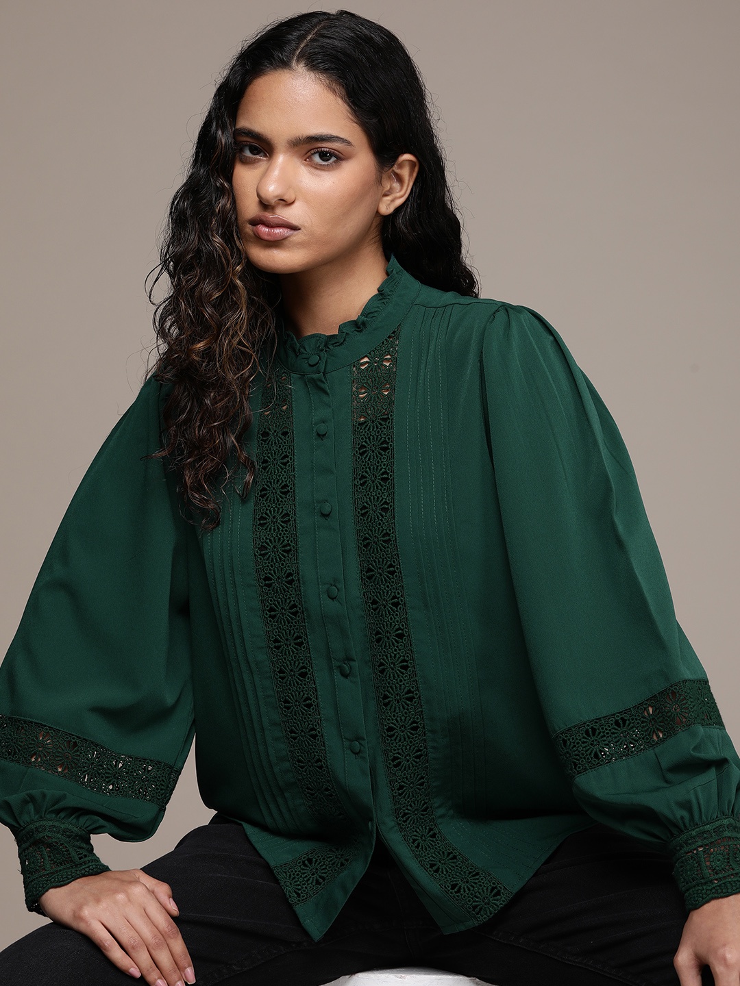 

The Roadster Lifestyle Co. Women Lace Inserts Ruffles Casual Shirt, Green