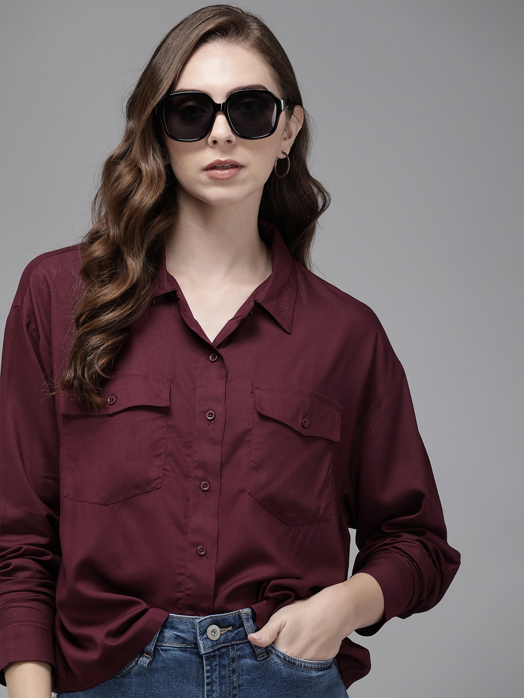 

The Roadster Life Co. Oversized Double Pocket Casual Shirt, Maroon
