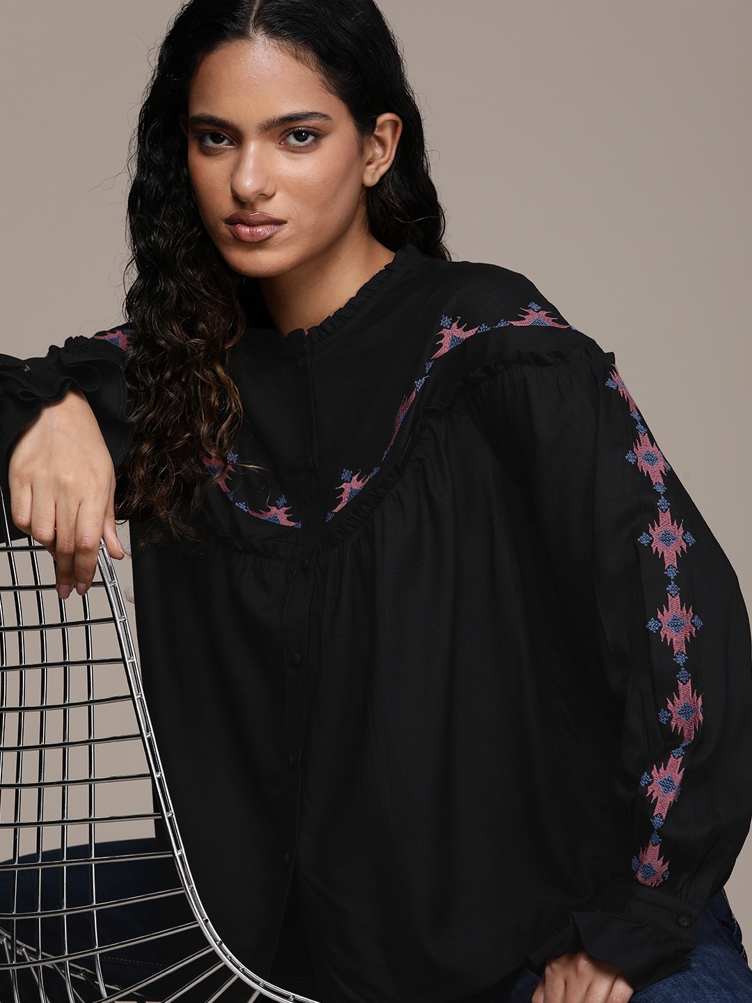 

The Roadster Lifestyle Co. Women Embroidered Ruffles Casual Shirt, Black