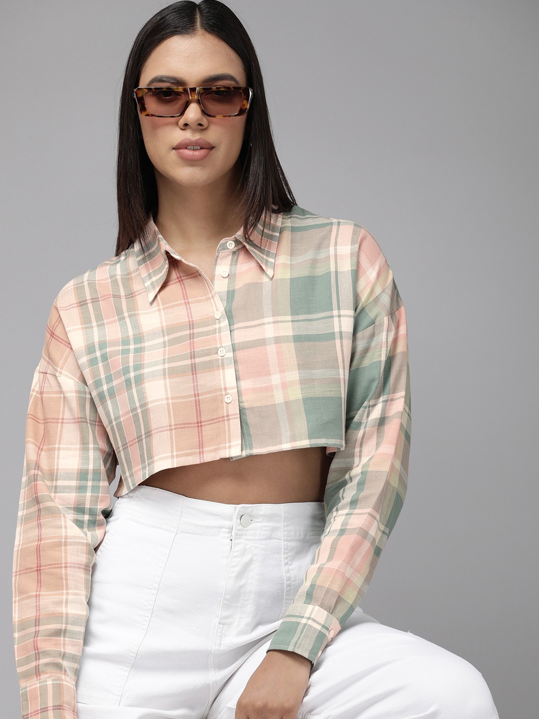

The Roadster Life Co. Pure Cotton Checked Crop Shirt, Green