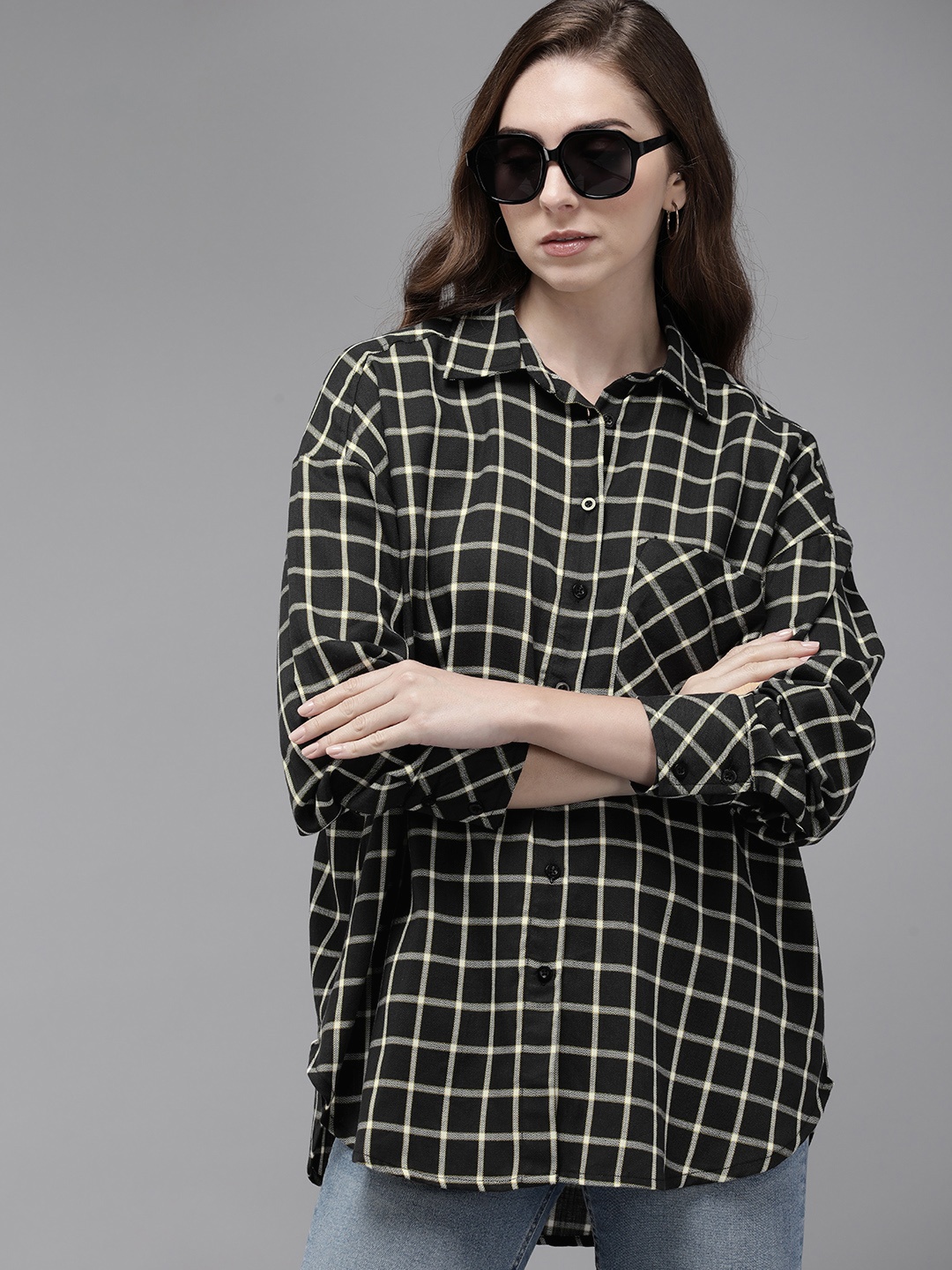 

The Roadster Life Co. Pure Cotton Checked Longline Casual Shirt, Black