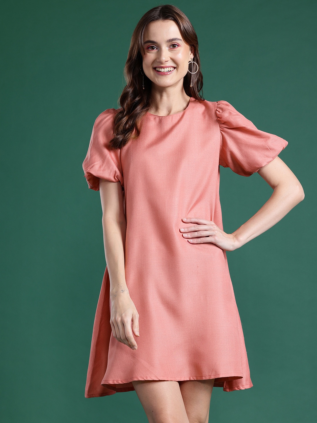 

DressBerry Puff Sleeve A-Line Mini Dress, Rose