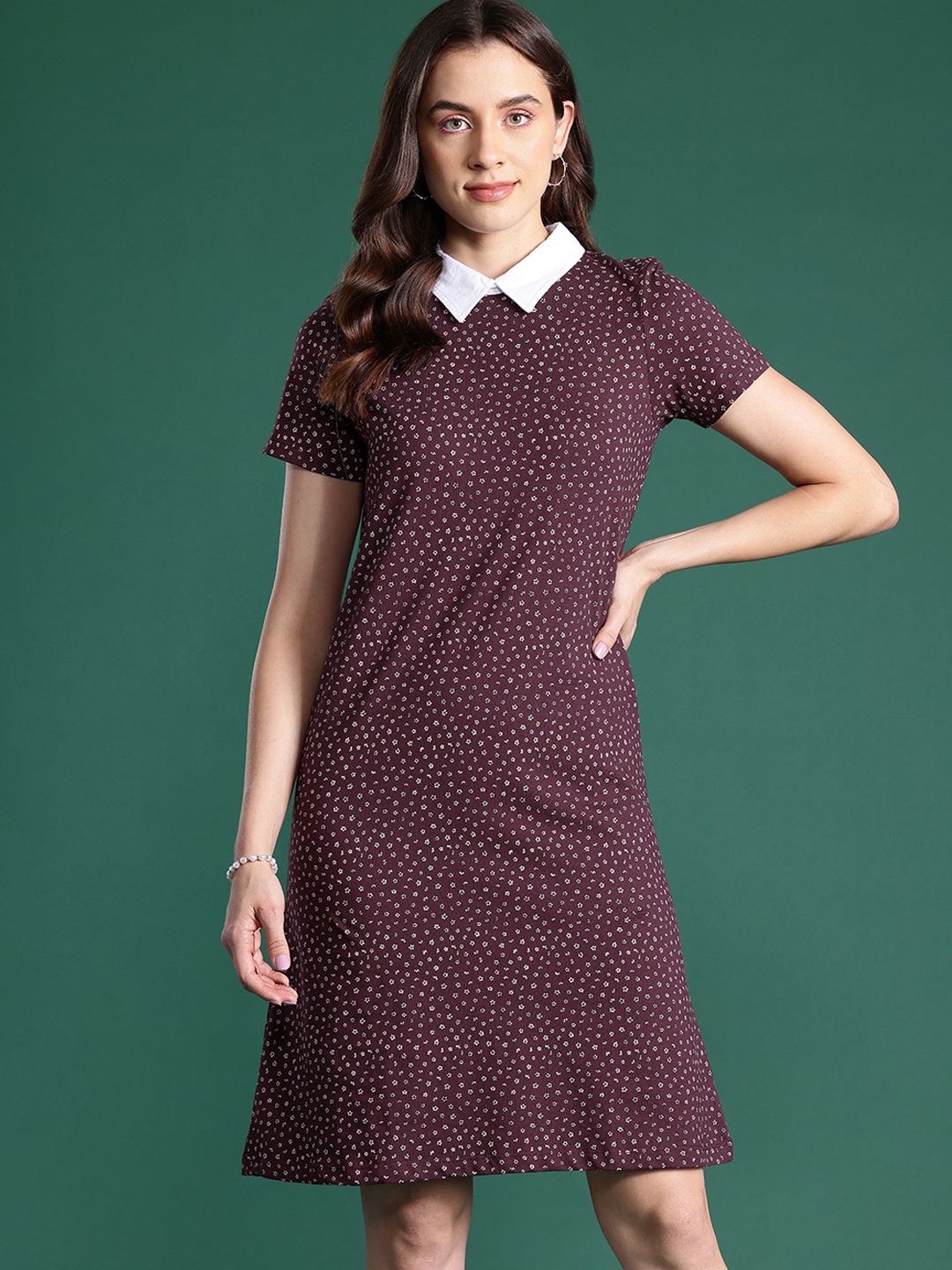 

DressBerry Bizwear Printed Peter Pan Collar Pure Cotton T-shirt Dress, Burgundy