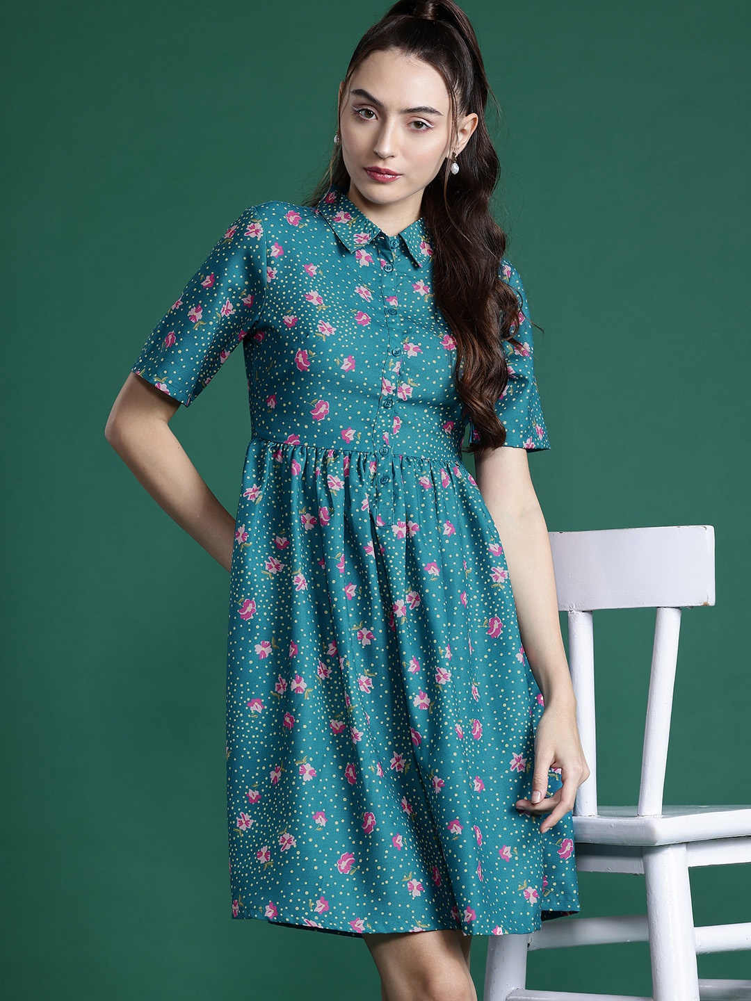 

DressBerry Floral Printed Gathered Shirt Dress, Teal