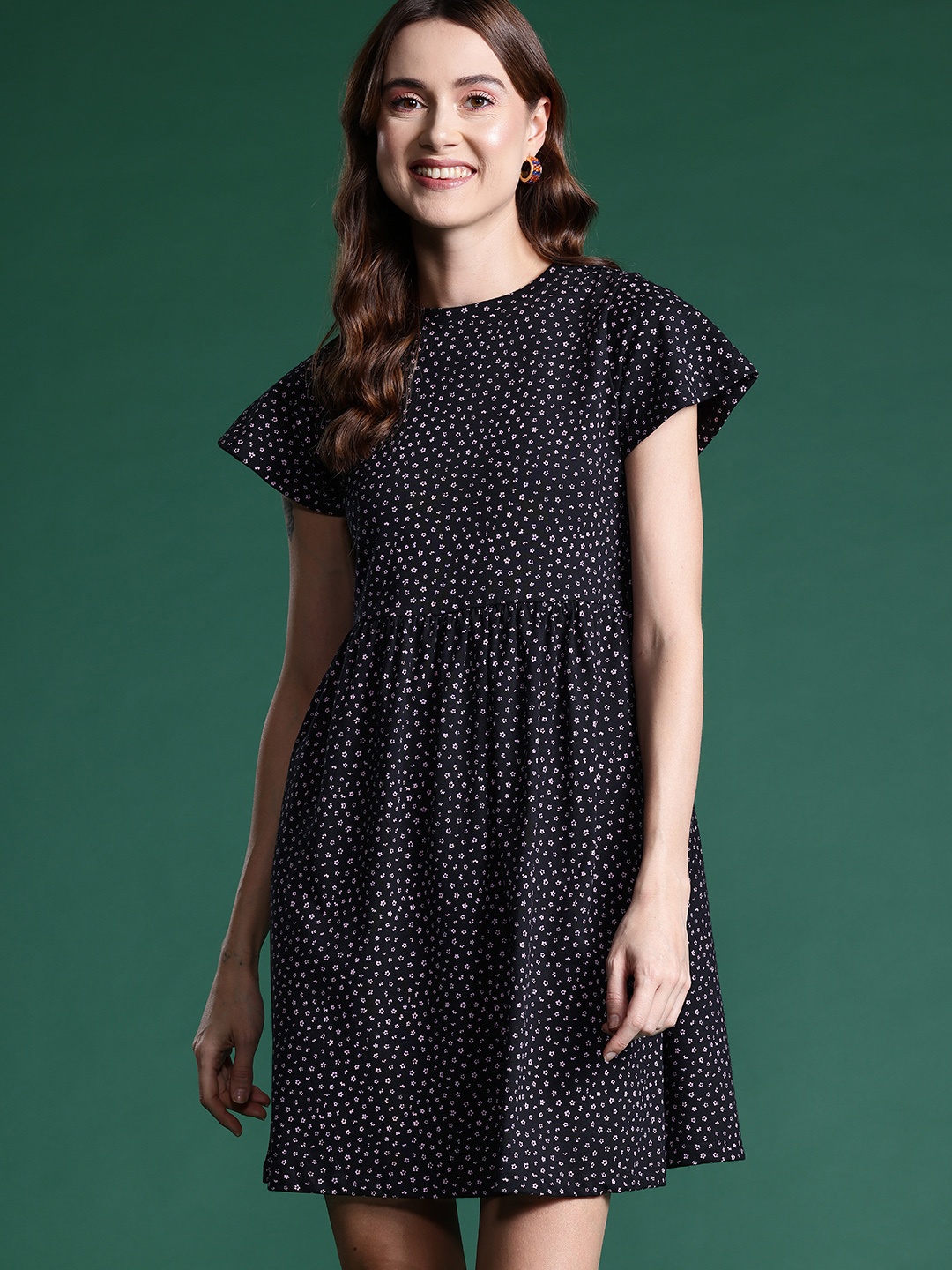 

DressBerry Floral Print A-Line Cotton Dress, Black