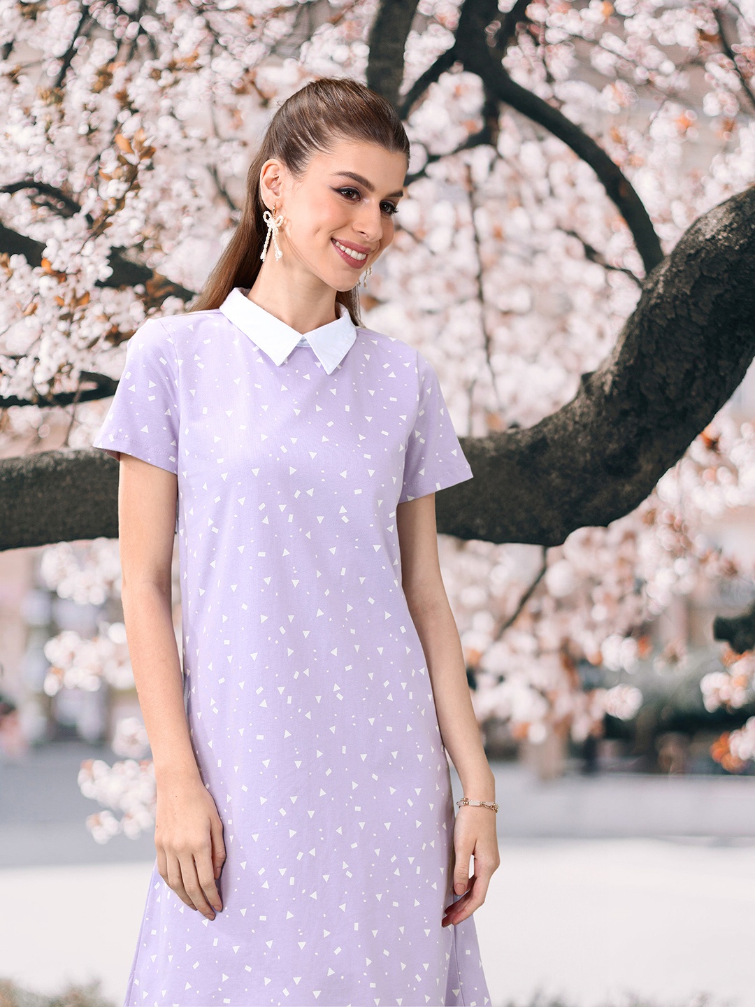 

DressBerry Bizwear Printed Peter Pan Collar Pure Cotton T-shirt Dress, Lavender